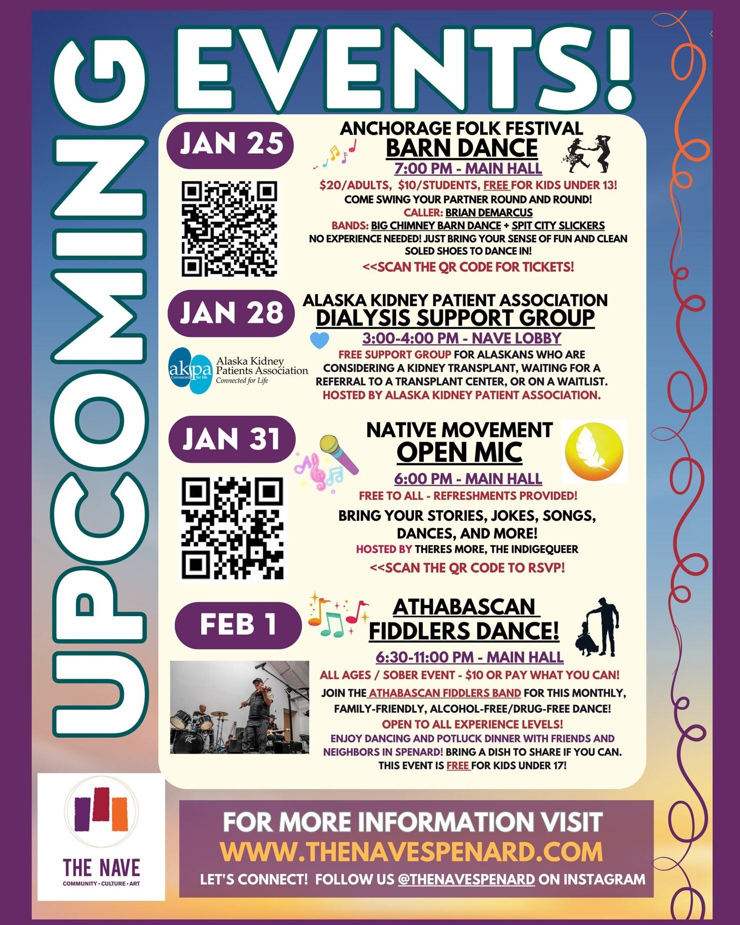 Worried about your dance card running out of steam as January winds down? Fear not! We have live music, dancing, open mic, and family-friendly events coming up in Spenard. There's also a new support group in town! Check out our Upcoming Events calend
