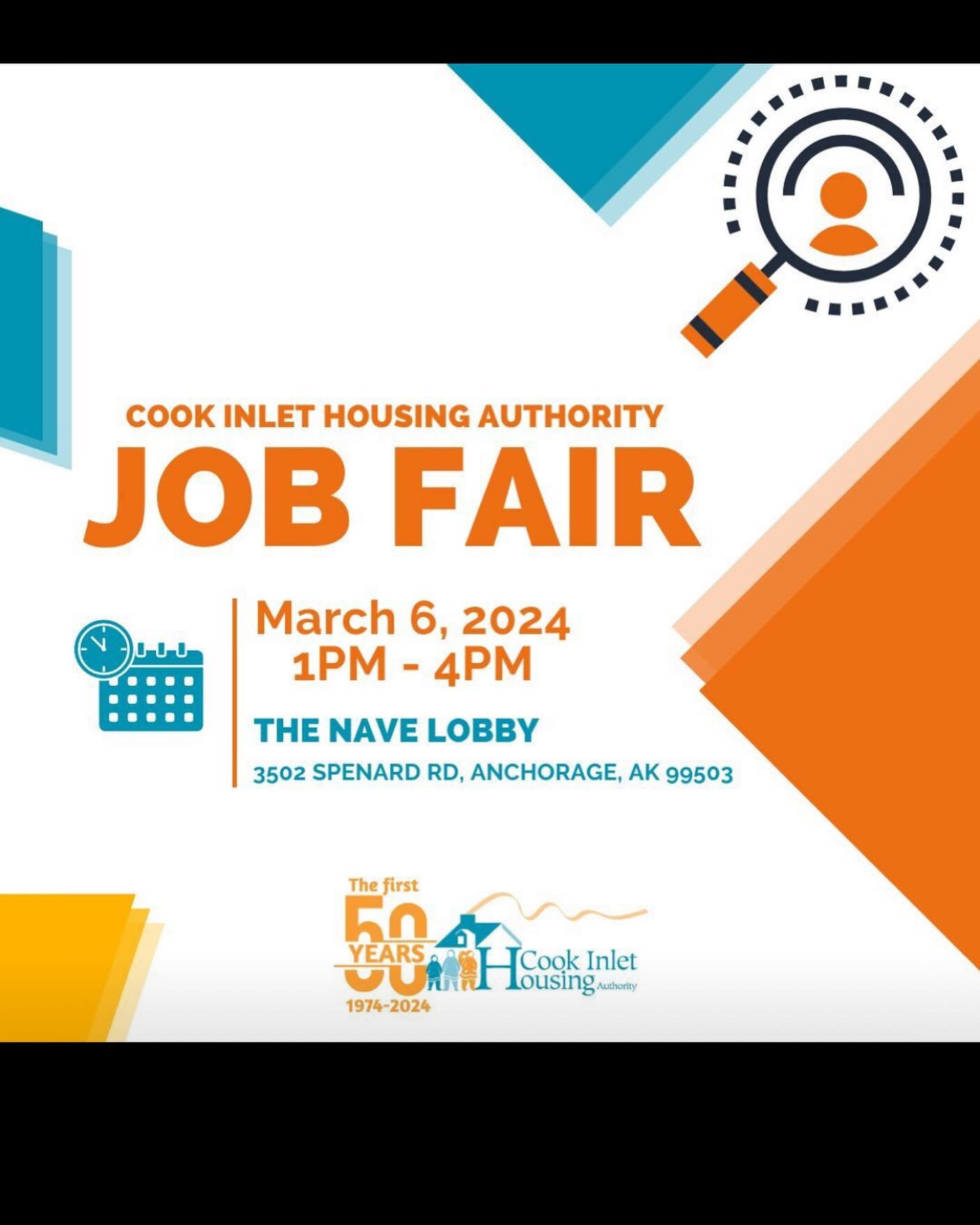 COOK INLET HOUSING AUTHORITY is having a JOB FAIR March 6th, 2024 from 1pm - 4pm at The Nave 3502 Spenard Road, Anchorage, AK 99503! 

Come prepared! Bring your resume, dress for success and speak with hiring managers for select positions. 

Here are