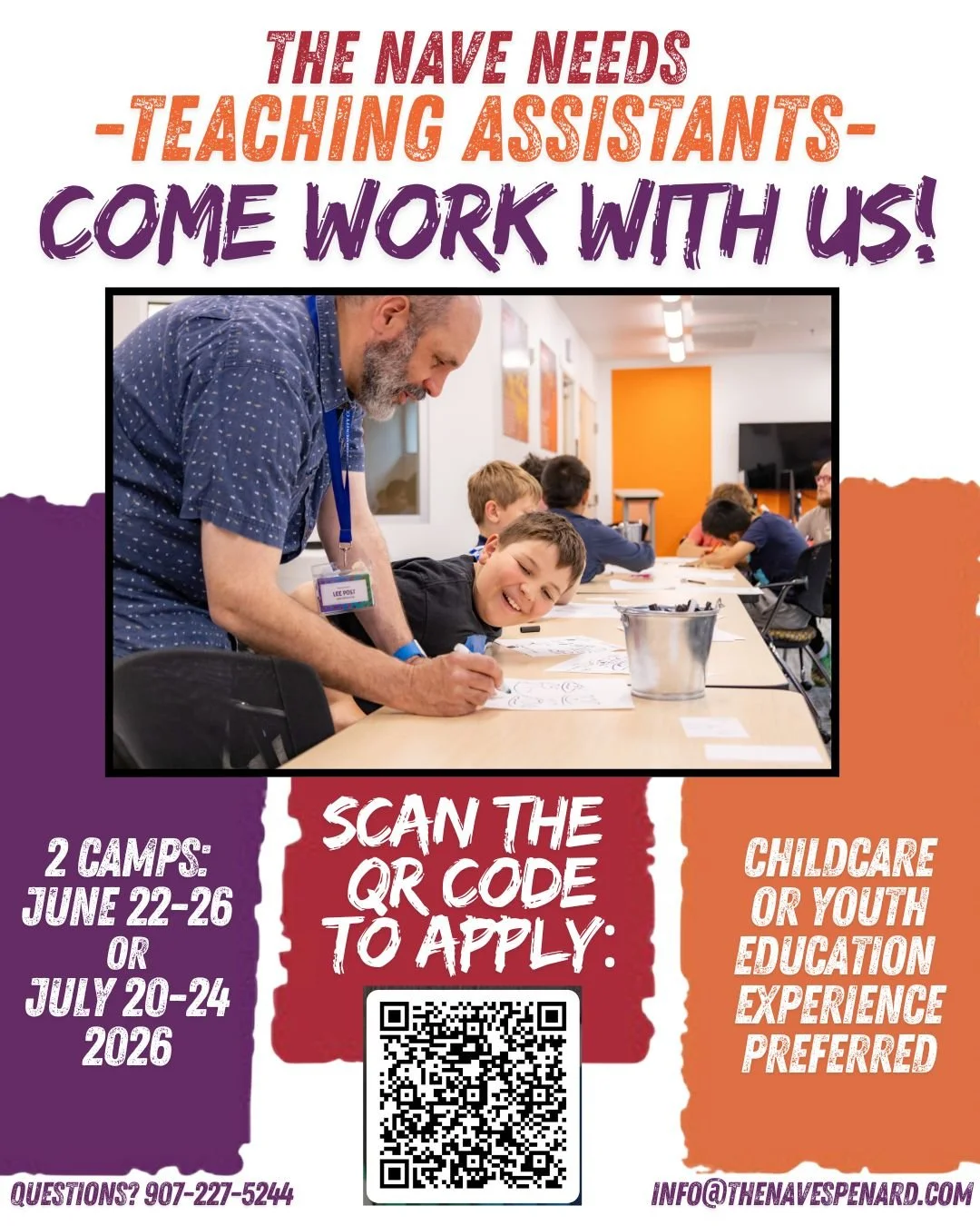 The Nave is hiring up to five (5) qualified Teaching Assistants who will work closely with our staff to ensure safety, positivity, fun, and focus for all youth at our 2026 Summer art programs. This is an independent contractor position. Come work wit