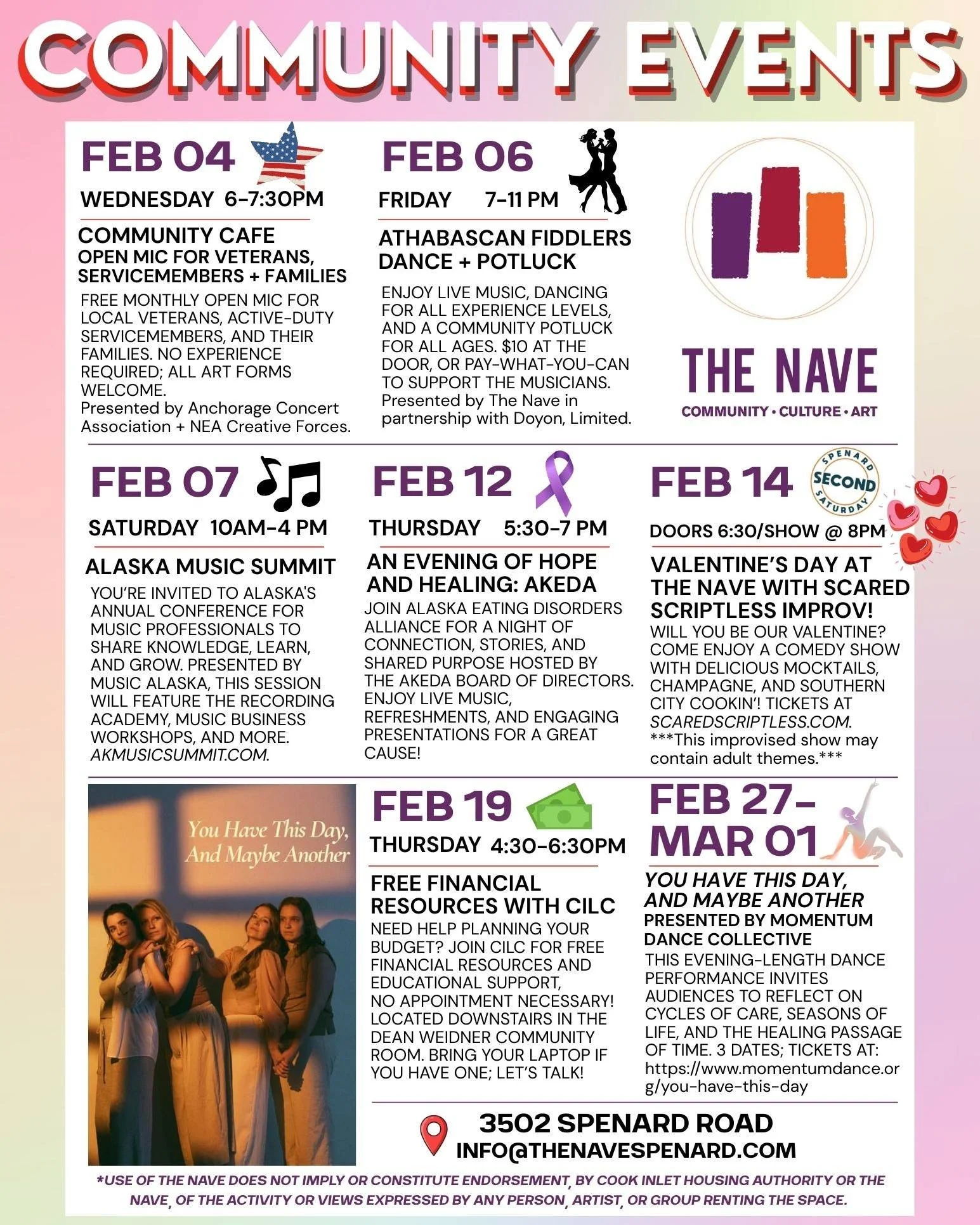 Will you be our Valentine? Join us for a date (or two, or three) at The Nave!

❤ February 4, 2026 - "COMMUNITY CAFE" Open Mic &amp; Jam Session hosted by Anchorage Concert Association in partnership with NEA Creative Forces and The Nave. Th