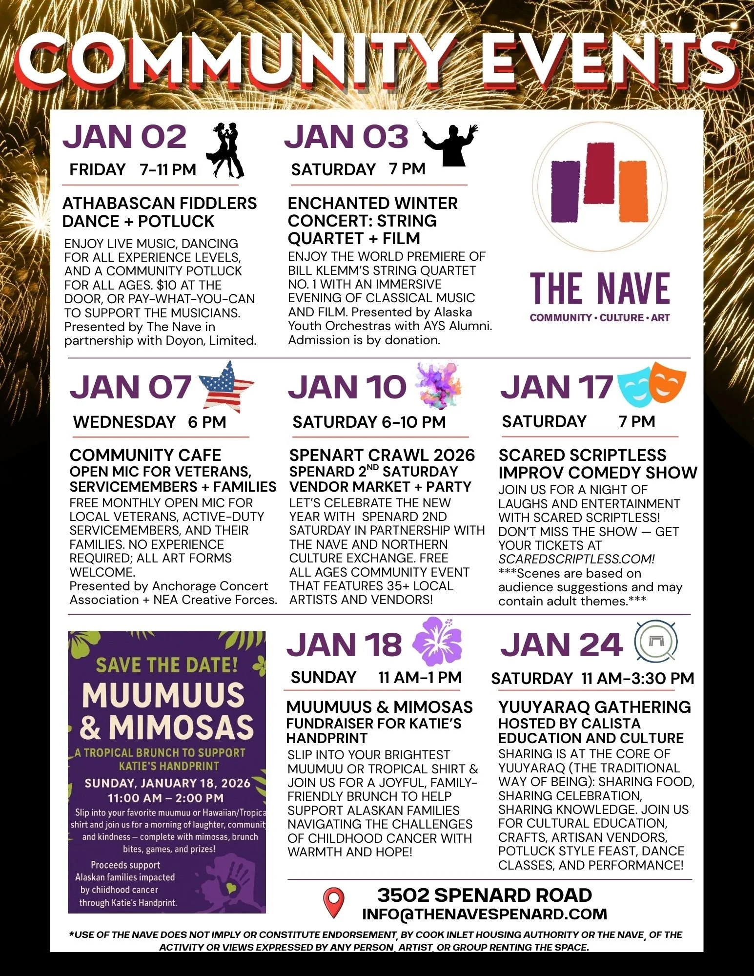 We're already nearing Spenard 2nd Saturday, so don't let January pass you by! 
✨Join us tonight for COMMUNITY CAFE at 6:00pm. This is a FREE open mic for local veterans, service members, and their families. All art forms welcome, light refreshments p