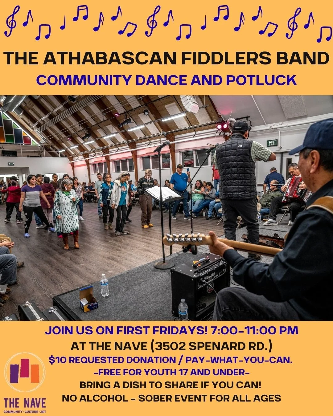 We'll see you tonight for our first community gathering of the year. The Athabascan Fiddlers Dance and Potluck is a wonderful sober event for all ages! Join us 7-11pm for dancing and potluck feast. Bring a friend, your dancing shoes, and a dish to sh