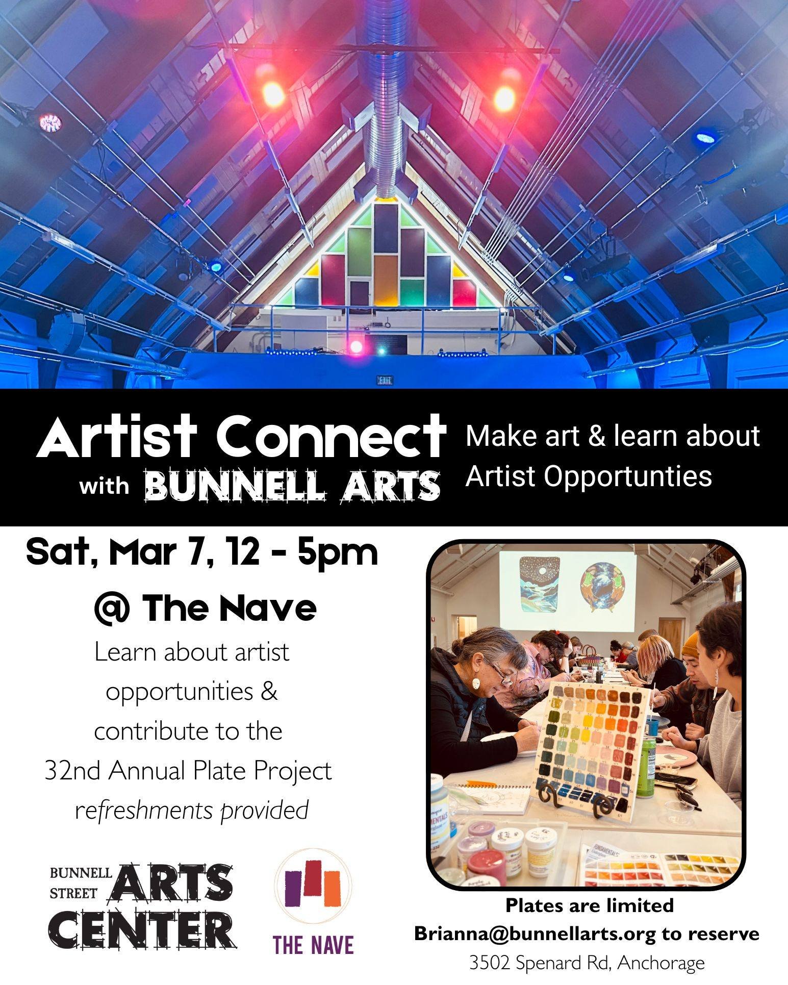 ✨Saturday, March 7, 12:00-5:00pm - Join us for &ldquo;ARTIST CONNECT" with @bunnellarts at The Nave! 

"Artist Connect" gathers Alaska artists and art supporters to learn about artist opportunities at Bunnell and to paint plates for Bu
