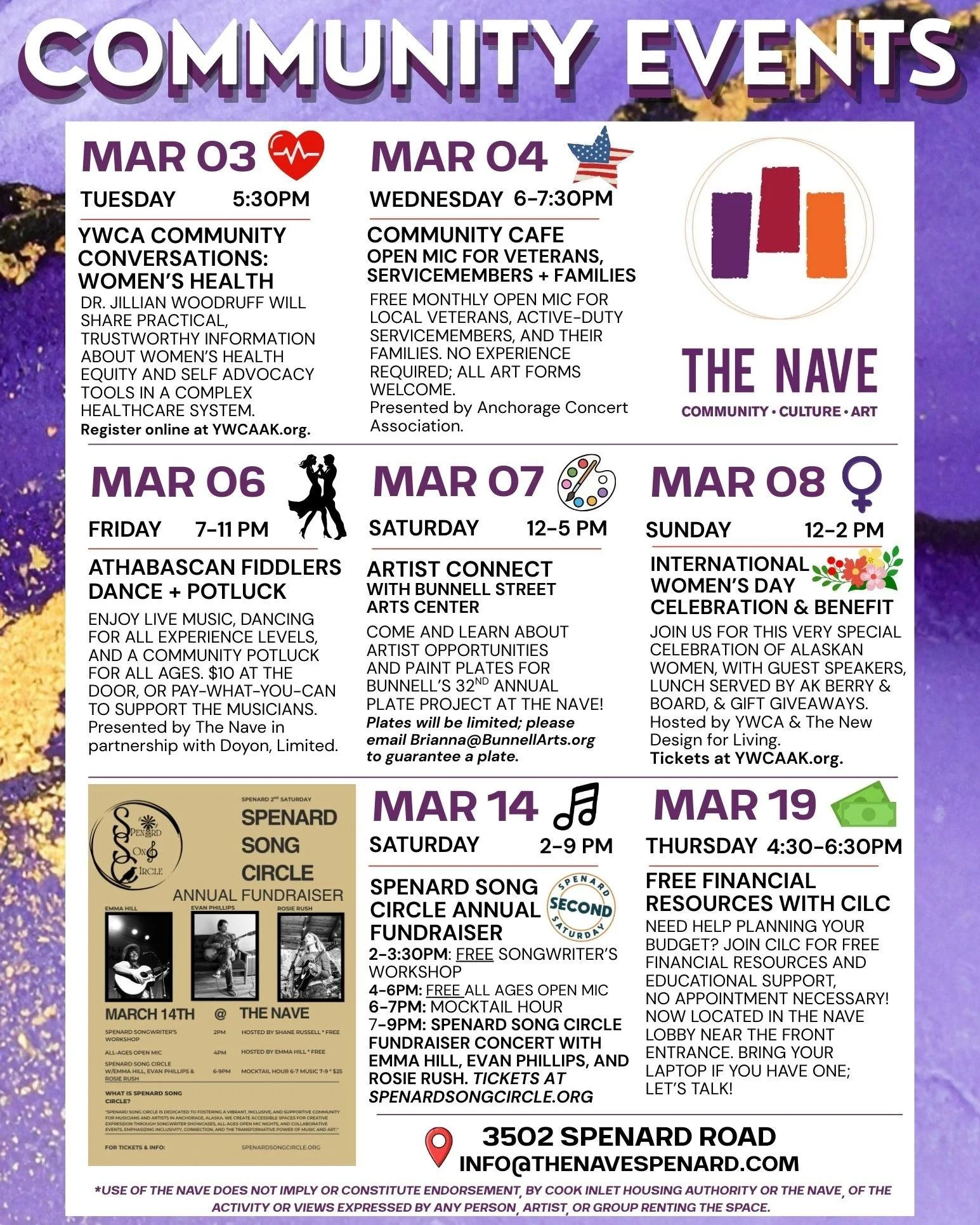 There's so much happening at The Nave in March, we needed multiple flyers to list them all! Here's what's coming up this month: 

✨March 03 - "YWCA Community Conversation: Women's Health Equity - Self Advocacy with Dr. Jillian Woodruff" pre
