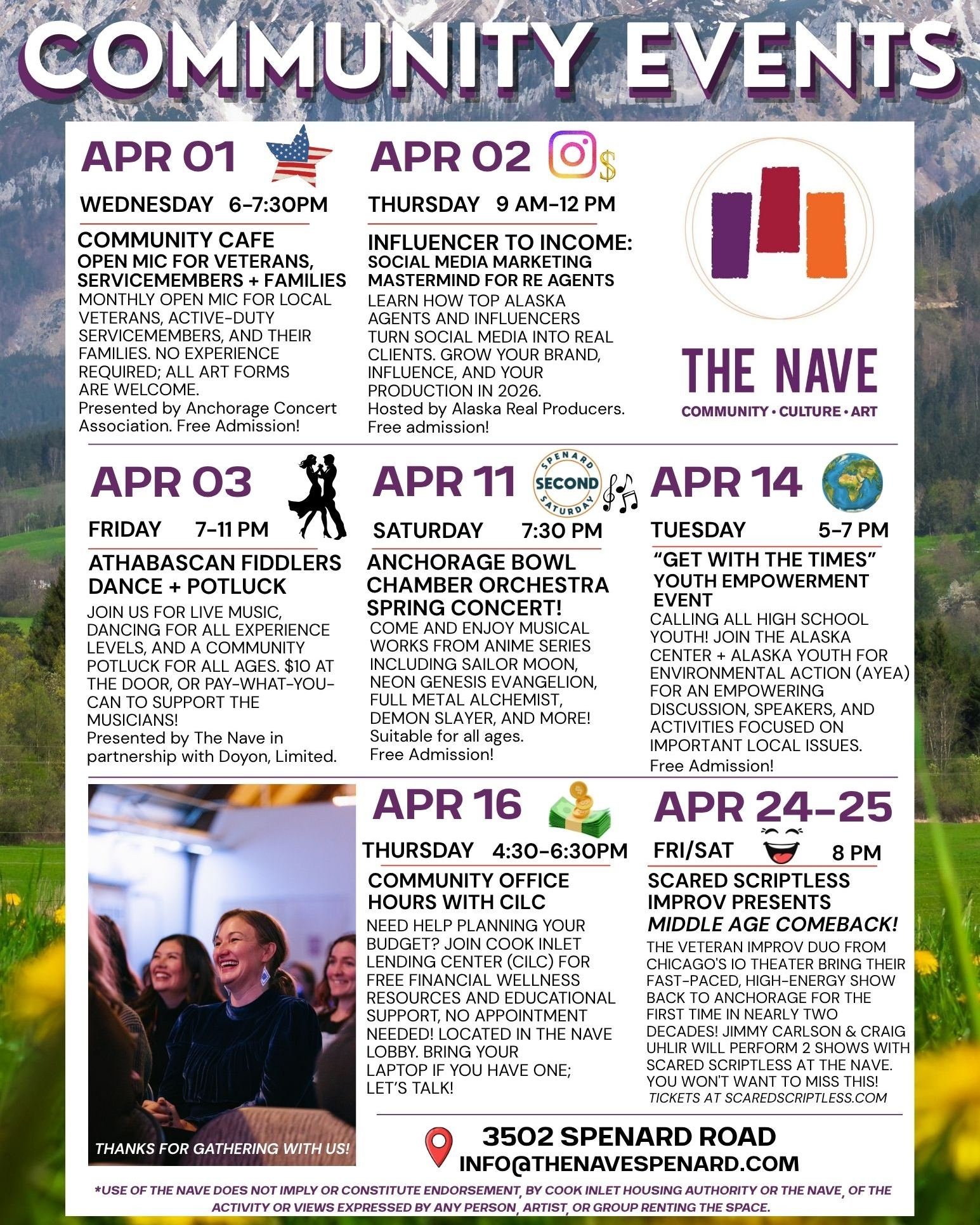 It's going to be a fabulous April at The Nave! 

✨April 01 - "COMMUNITY CAFE" Open Mic &amp; Jam Session hosted by Anchorage Concert Association. This series brings our veteran, military, and music community together! Let's connect, have fu