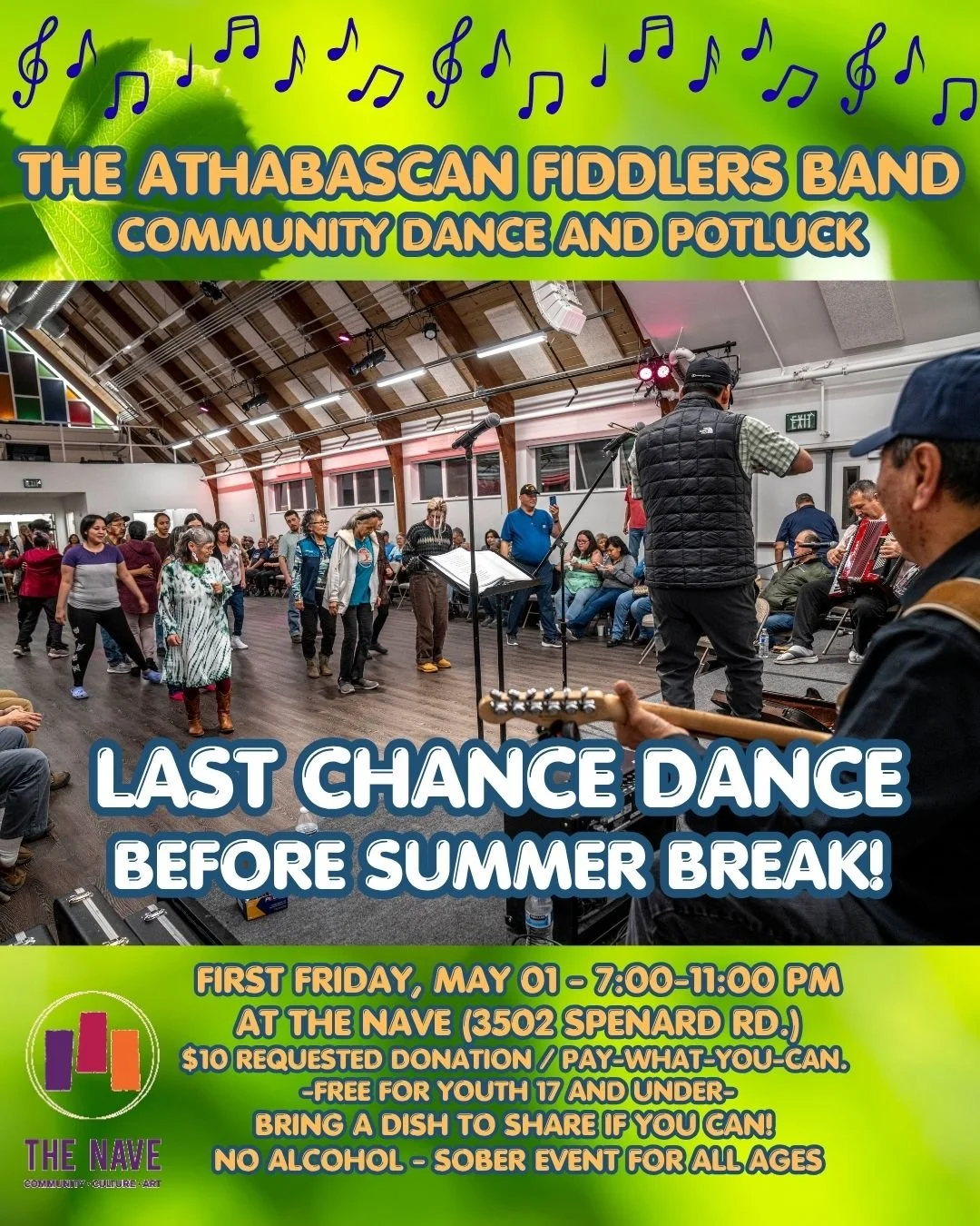 We're getting ready for the FINAL Athabascan Fiddlers Dance &amp; Potluck before the Summer hiatus! 
Please join us this Friday, May 1, 7-11pm. Admission is pay-what-you-can or $10 to support the musicians. All ages are welcome at this sober event. B