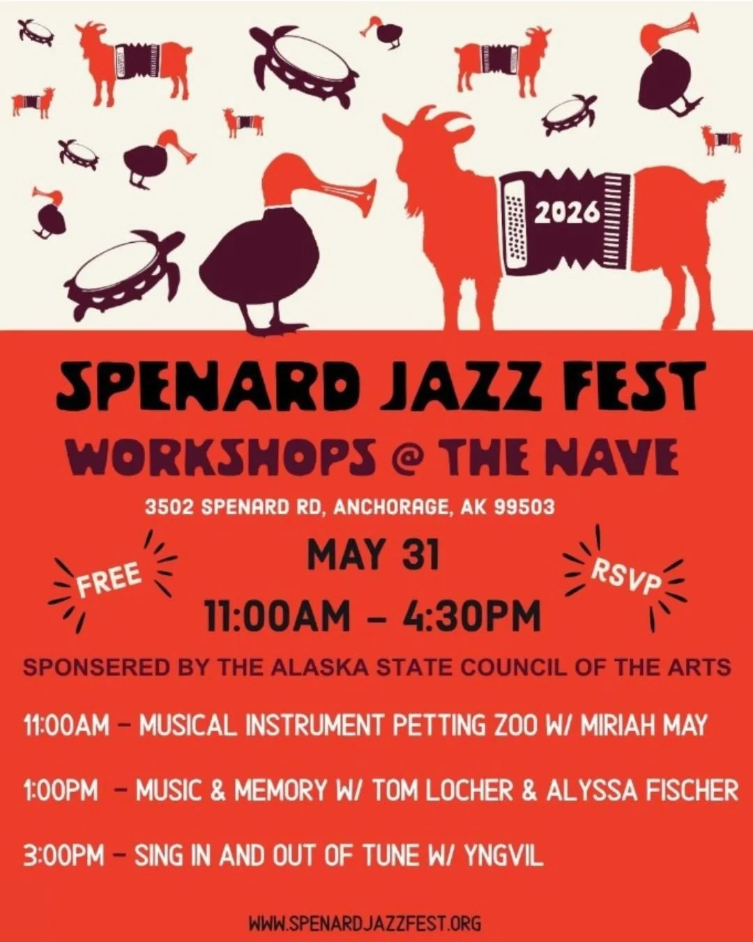 This Sunday, 5/31, join Spenard Jazzfest at The Nave for FREE community music workshops for all ages. No music experience necessary! 

🎶11:00 am - Ms. Miriah's Instrument Petting Zoo: Come one, come all, to the Musical Instrument Petting Zoo! Come t