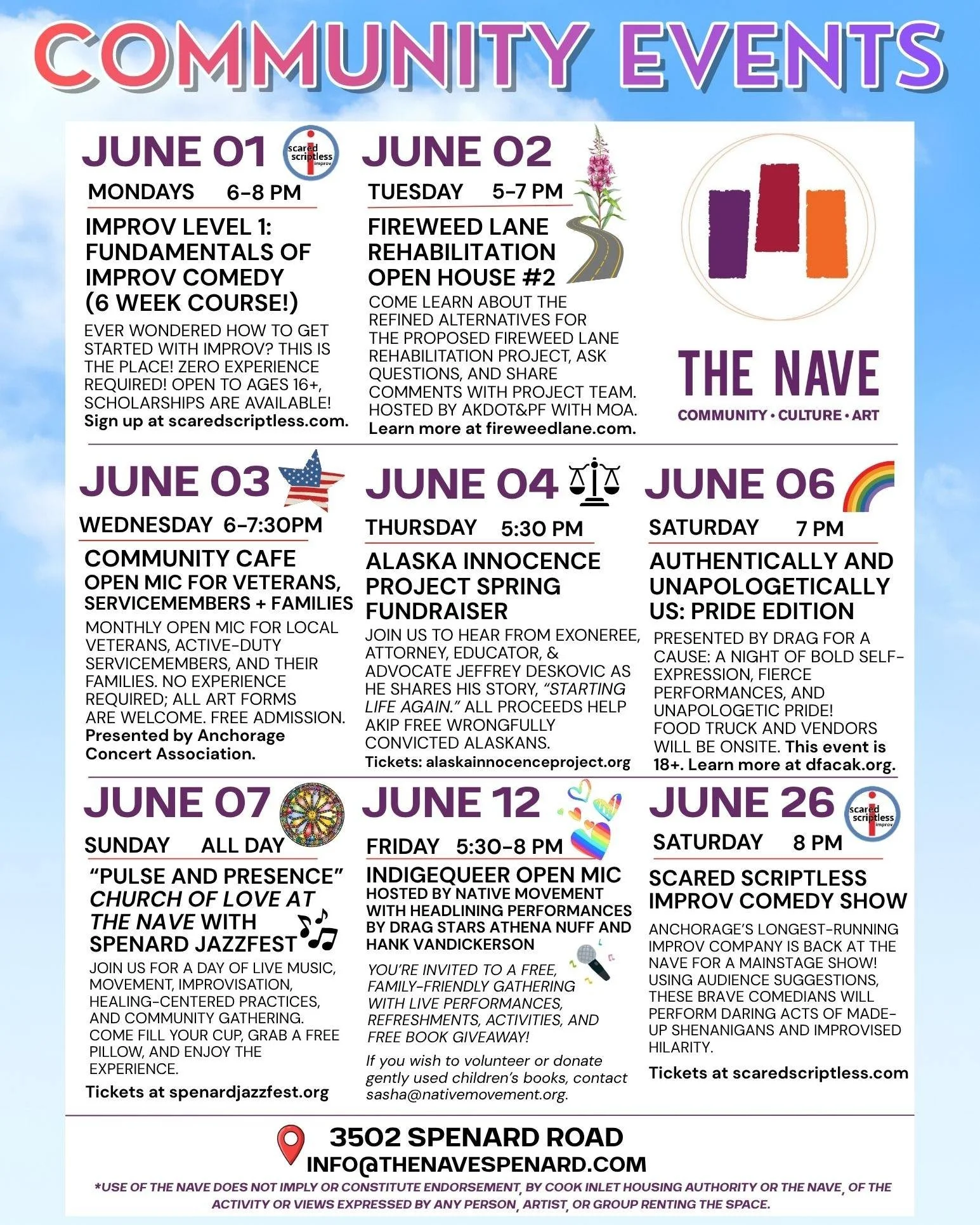 Happy June! Here's a peek at what's coming up:

✨June 01: "IMPROV LEVEL 1: FUNDAMENTALS OF IMPROV" presented by Scared Scriptless. This 6-week course will introduce beginners (ages 16+) to the concepts and skills used in improv performance.