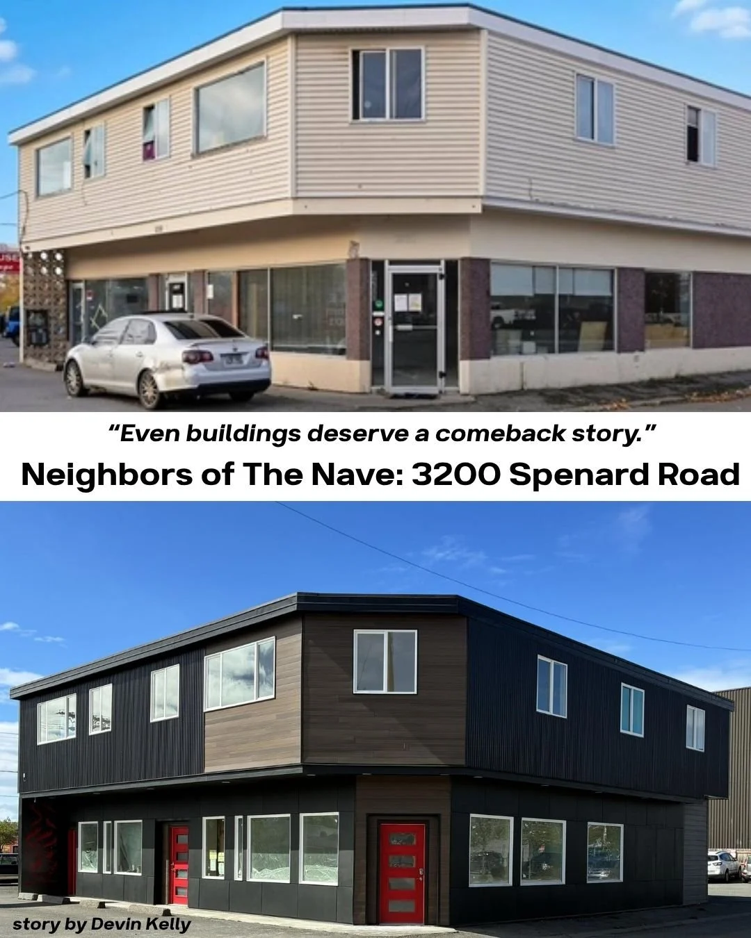 &ldquo;Even buildings deserve a comeback story.&rdquo; That&rsquo;s the message on a bright blue sign outside of 3200 Spenard Road today, and what a comeback story it is! Our neighbor to the north is getting a major facelift &ndash; with new studio a