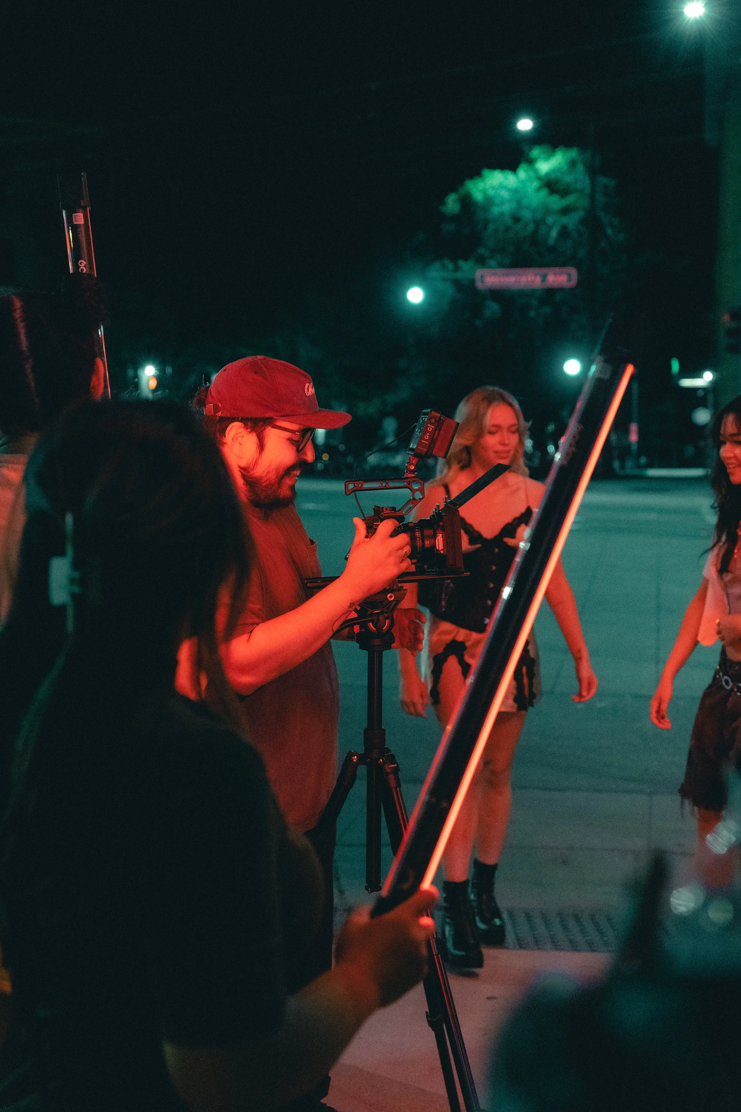 video director guiding talent and crew during a cinematic brand campaign shoot