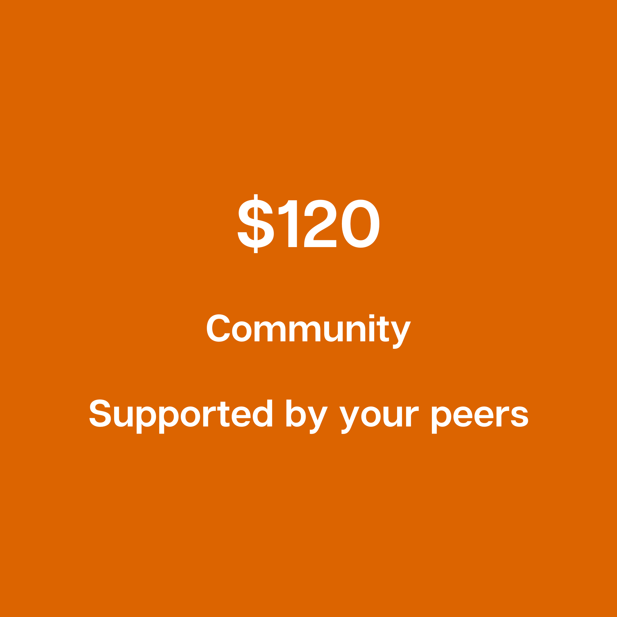 Orange background with white text displaying '$120 Community Supported by your peers'.