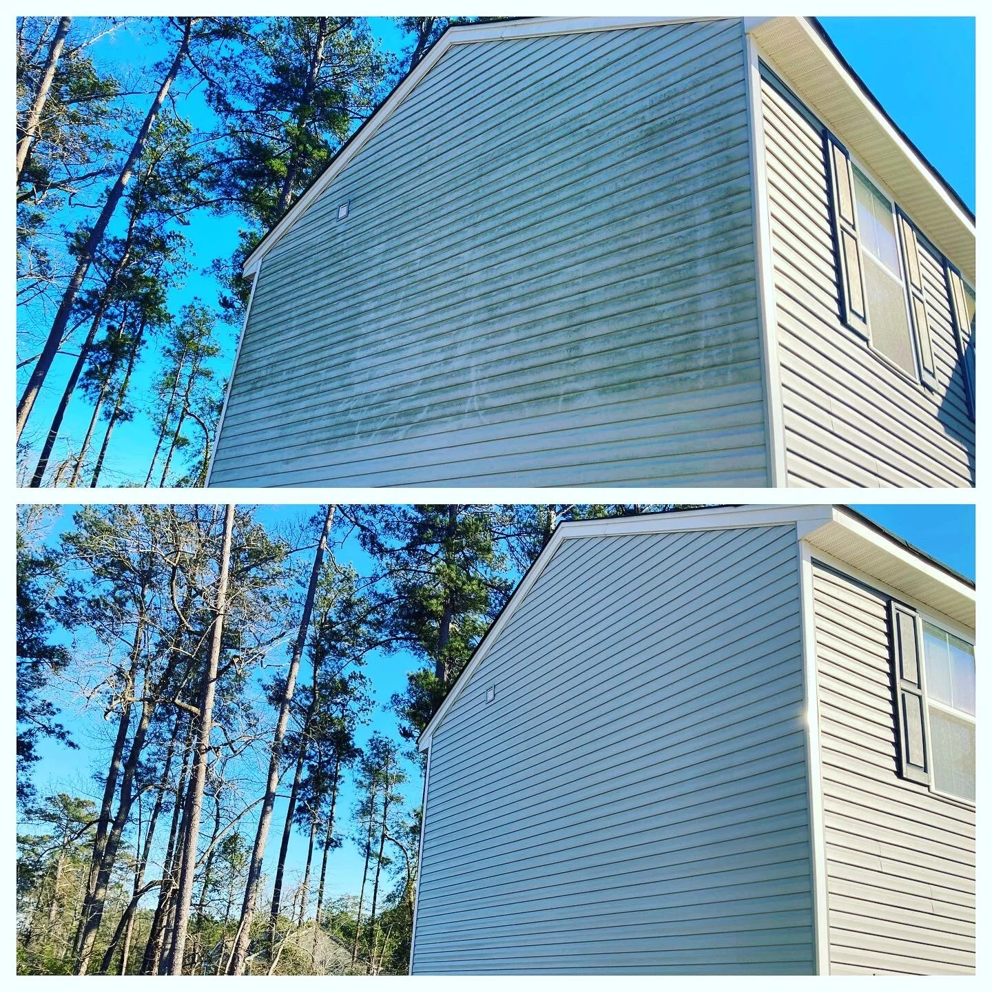 Comparison of a house's outside wall before and after cleaning; top image shows dirty, algae-stained siding, bottom image shows clean siding with no stains.