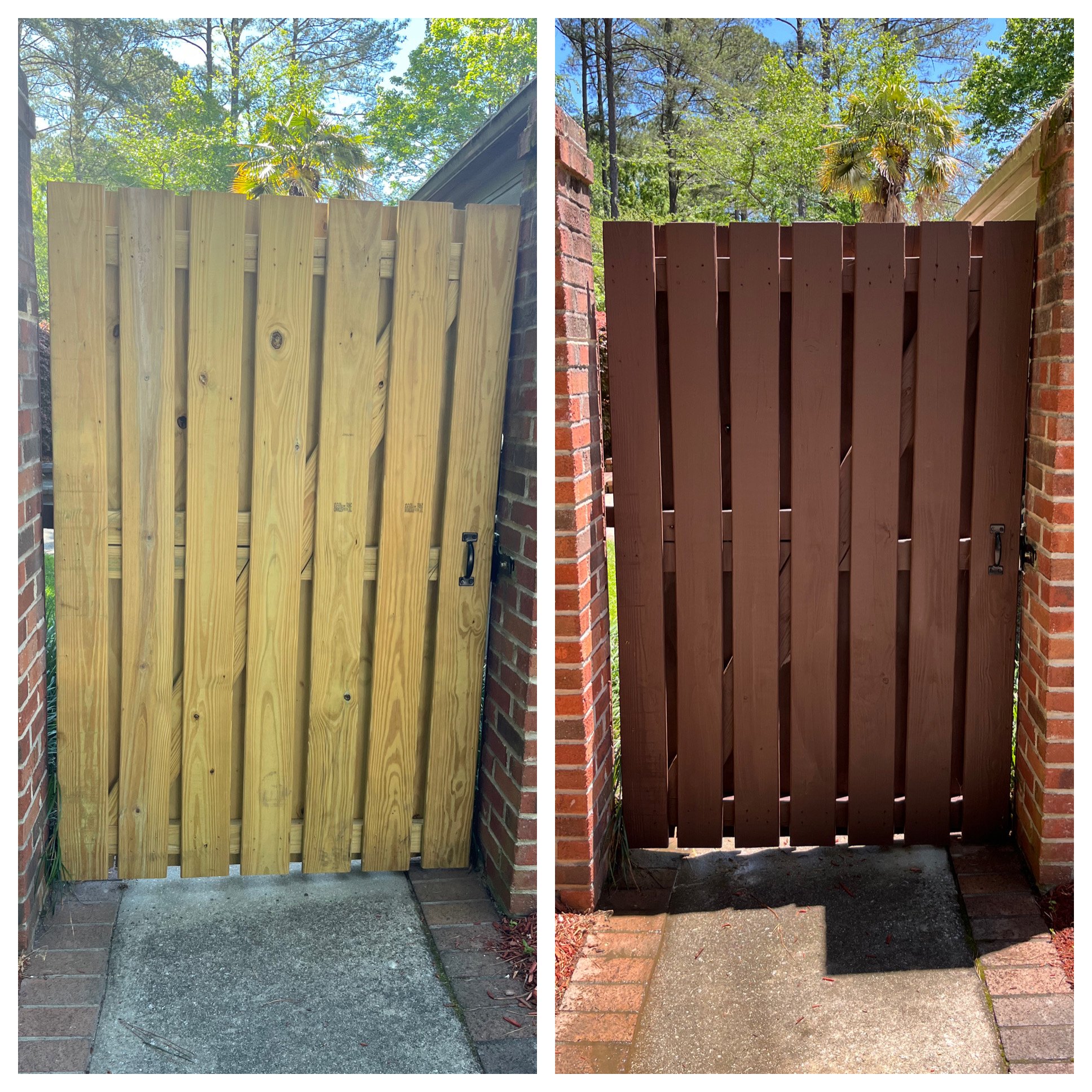 Comparison of two wooden gates, the left gate made of light-colored untreated wood, and the right gate made of darker stained wood, both installed between brick pillars with a concrete walkway in front, outdoors with trees and blue sky in the backgro