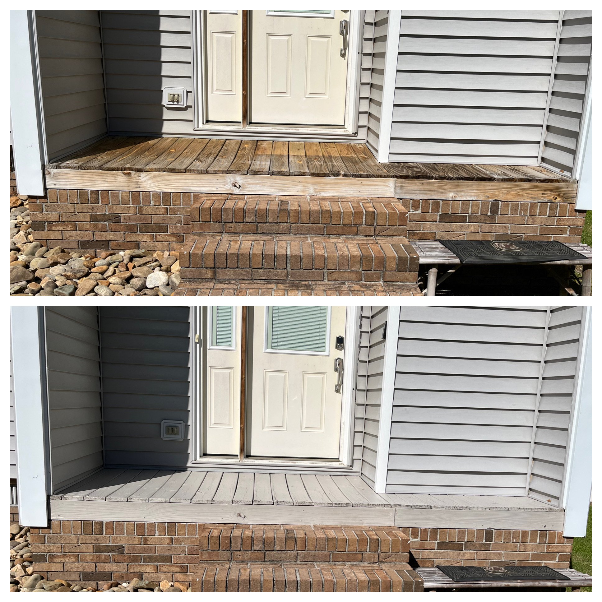 Before and after images of a front porch area; the top image shows a porch with wooden stairs and brick base, while the bottom image shows the same porch painted with light gray color, replacing the original stained and unpainted wood.