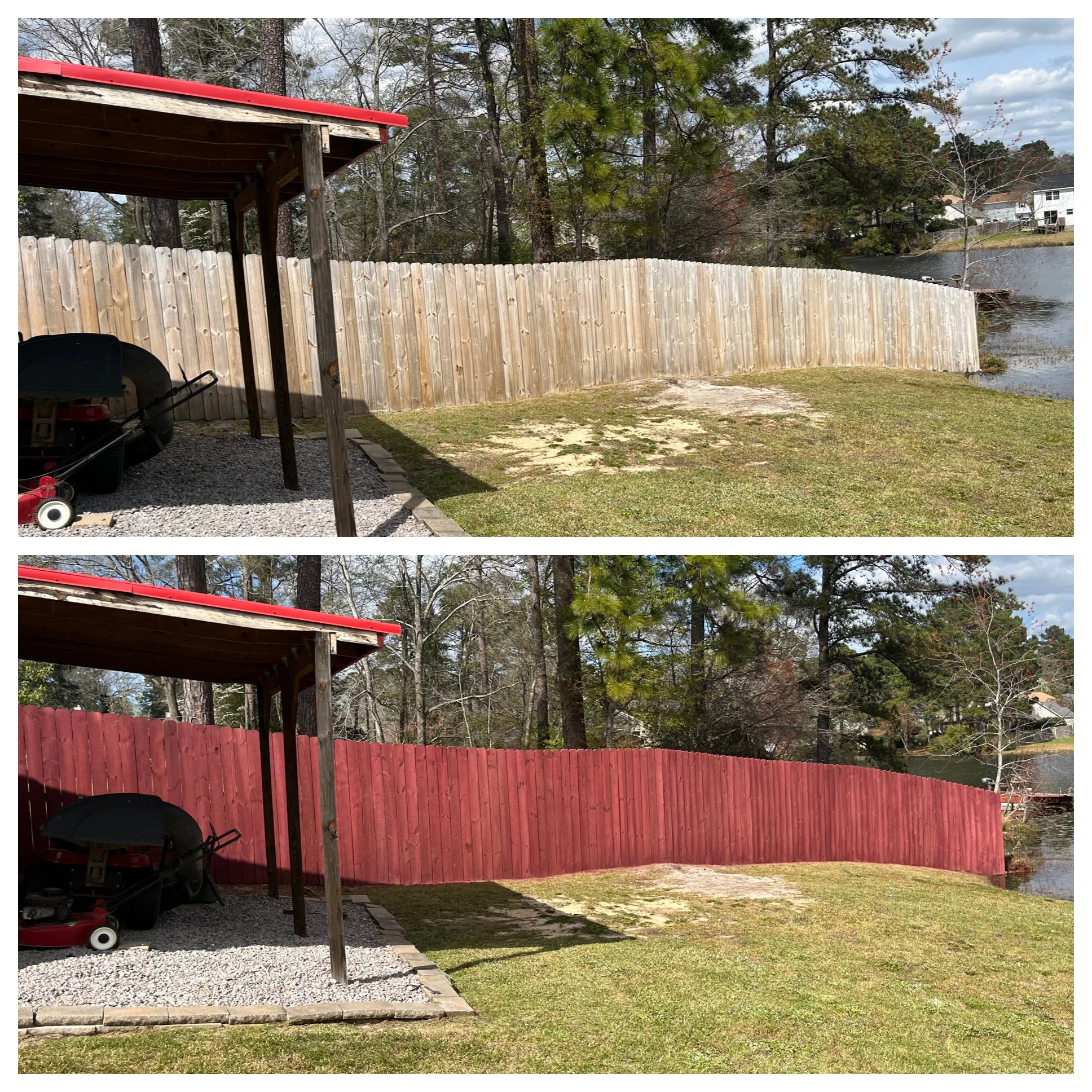 Comparison of a wooden fence before and after being painted red, with a backyard scene including grass, trees, and water.
