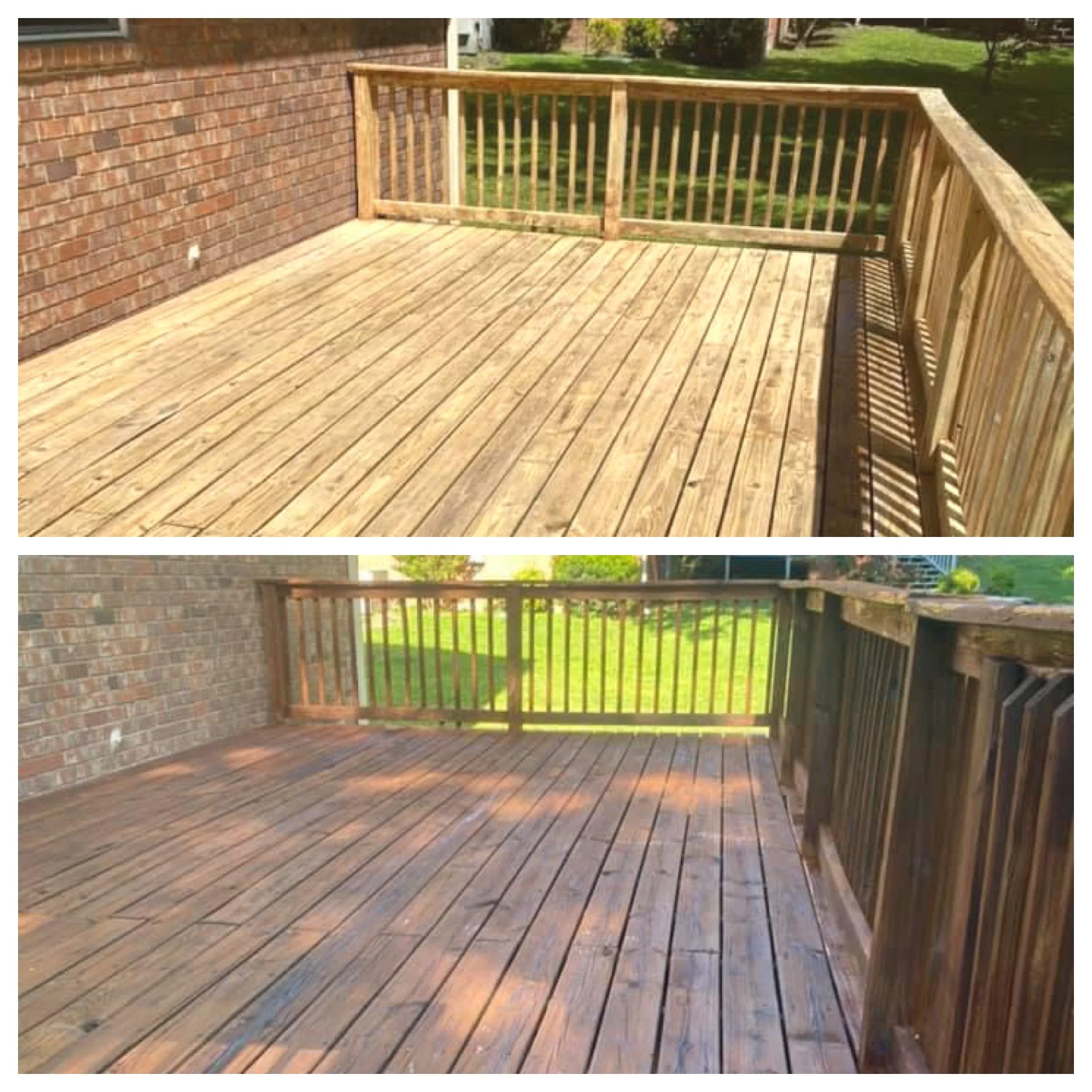 Comparison of a newly built wooden deck with a finished, weathered wooden deck showing before and after conditions.