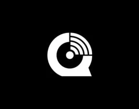 A black background with a white logo resembling a stylized letter 'Q' and a satellite dish inside it.