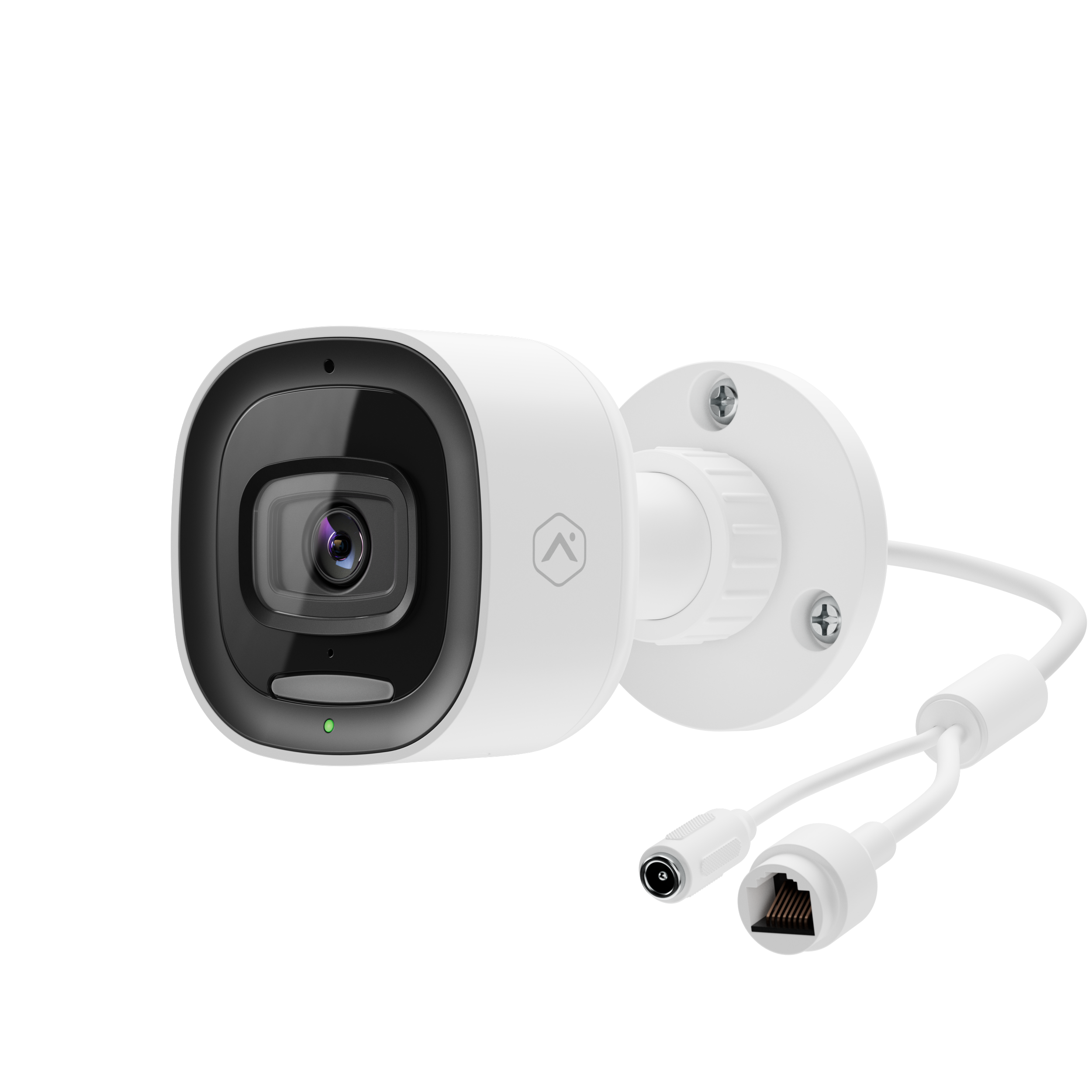 Close-up of a white security or surveillance camera with detachable parts and a lens, against a black background.