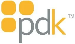 Logo with four yellow rounded squares arranged in a square pattern, followed by the lowercase letters 'pdk' in gray and yellow.