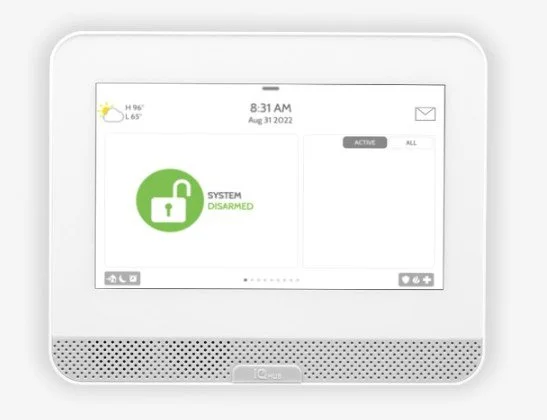 A white smart home security panel displaying a green lock icon and the text 'System Disarmed'.