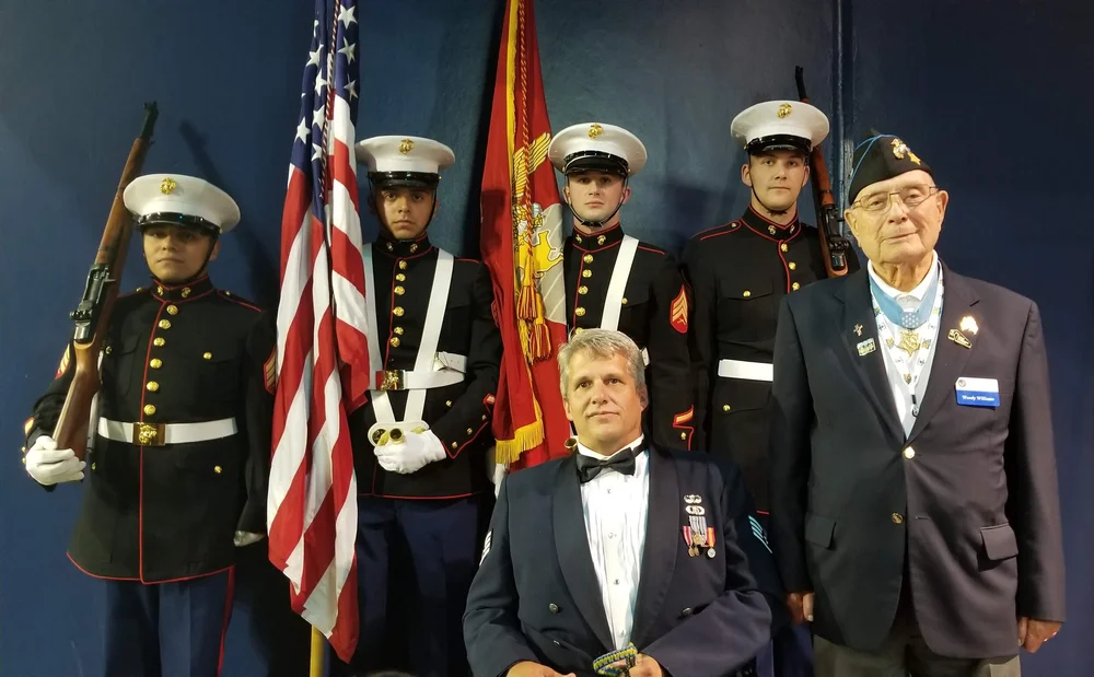 With Iwo Jima Medal of Honor recipient Hershel “Woody” Williams
