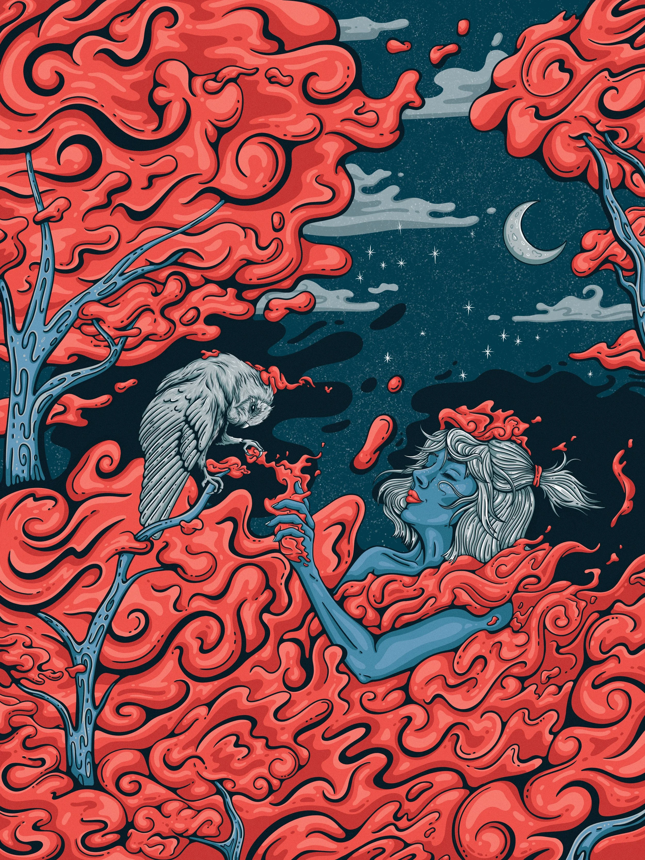 An illustration of a woman with blue skin and long hair, sitting amidst swirling clouds of pink and red, with a crescent moon and stars in the background, and a large owl.