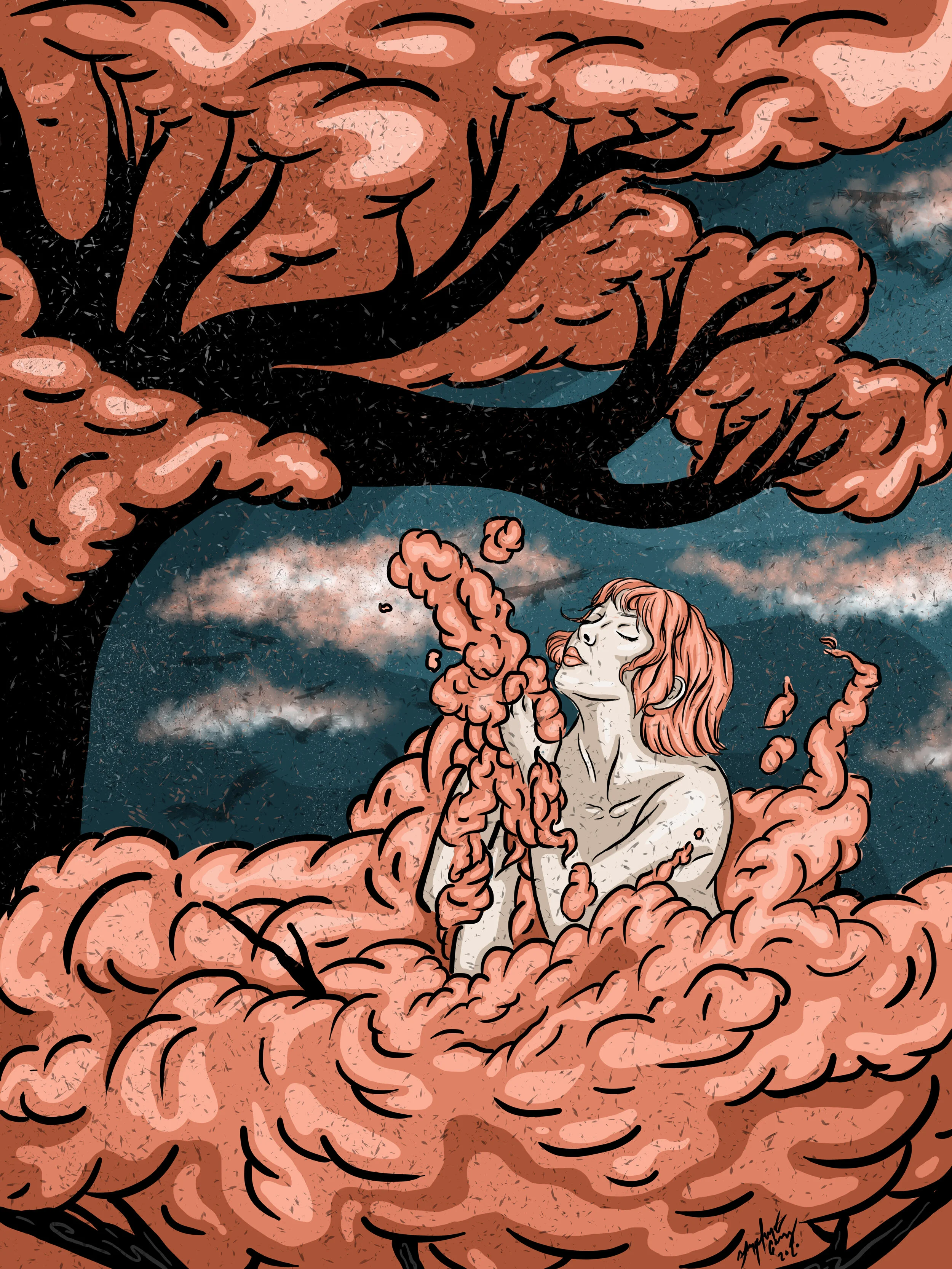 An illustration of a woman with red hair surrounded by large, pinkish smoke clouds, holding a sizzling, steaming object close to her face with her eyes closed.