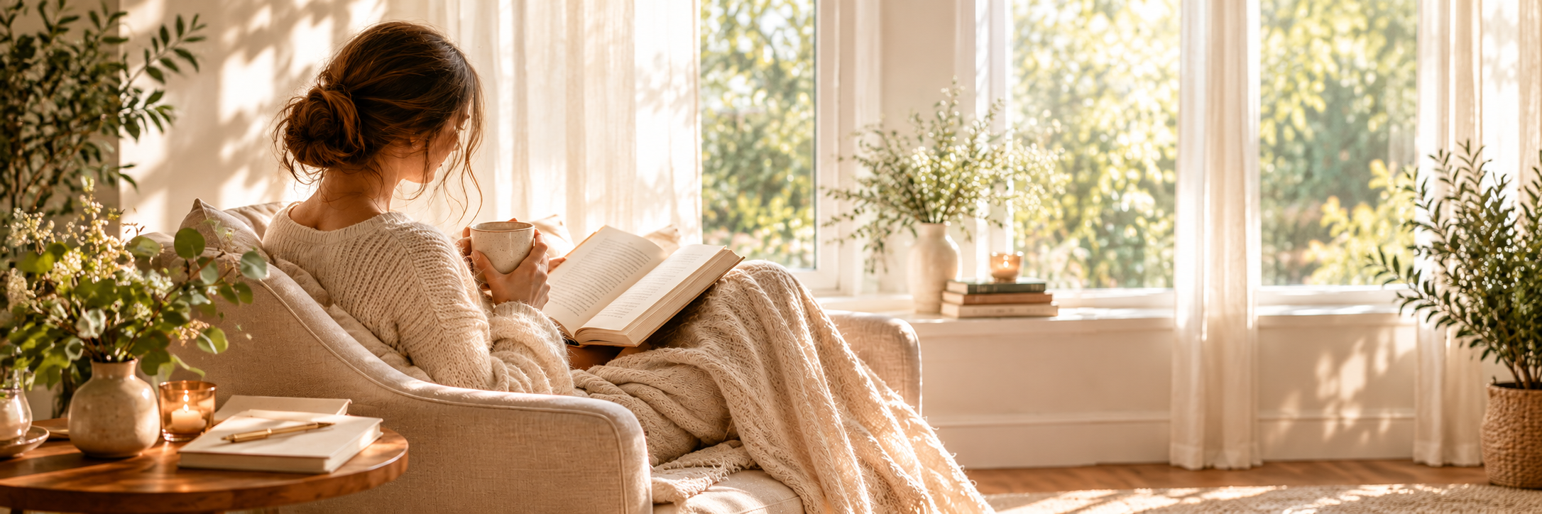 Woman relaxing in an armchair with a warm drink and an open book beside a sunlit window.