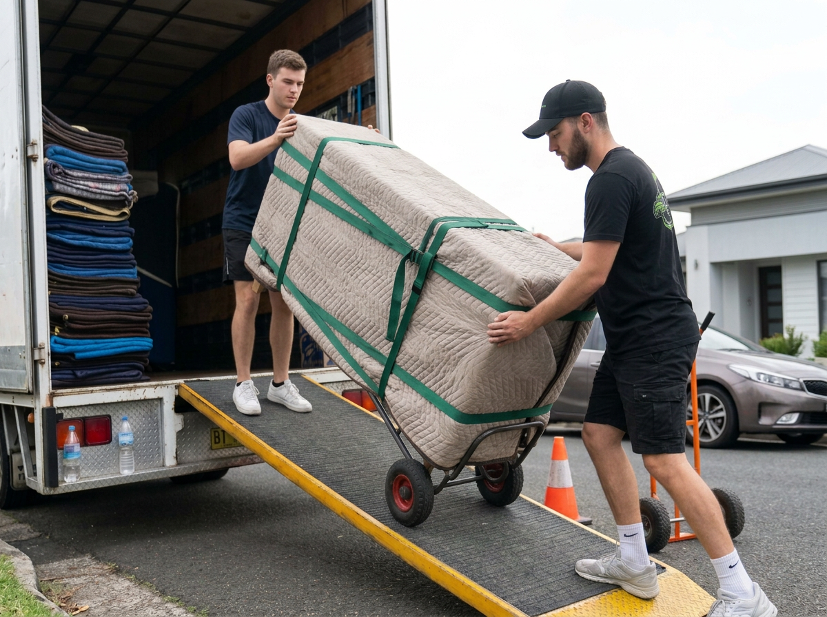 Two men unload a large mattress from a moving truck using a hand truck, with no shirt man assisting inside the truck, residential neighborhood in the background.