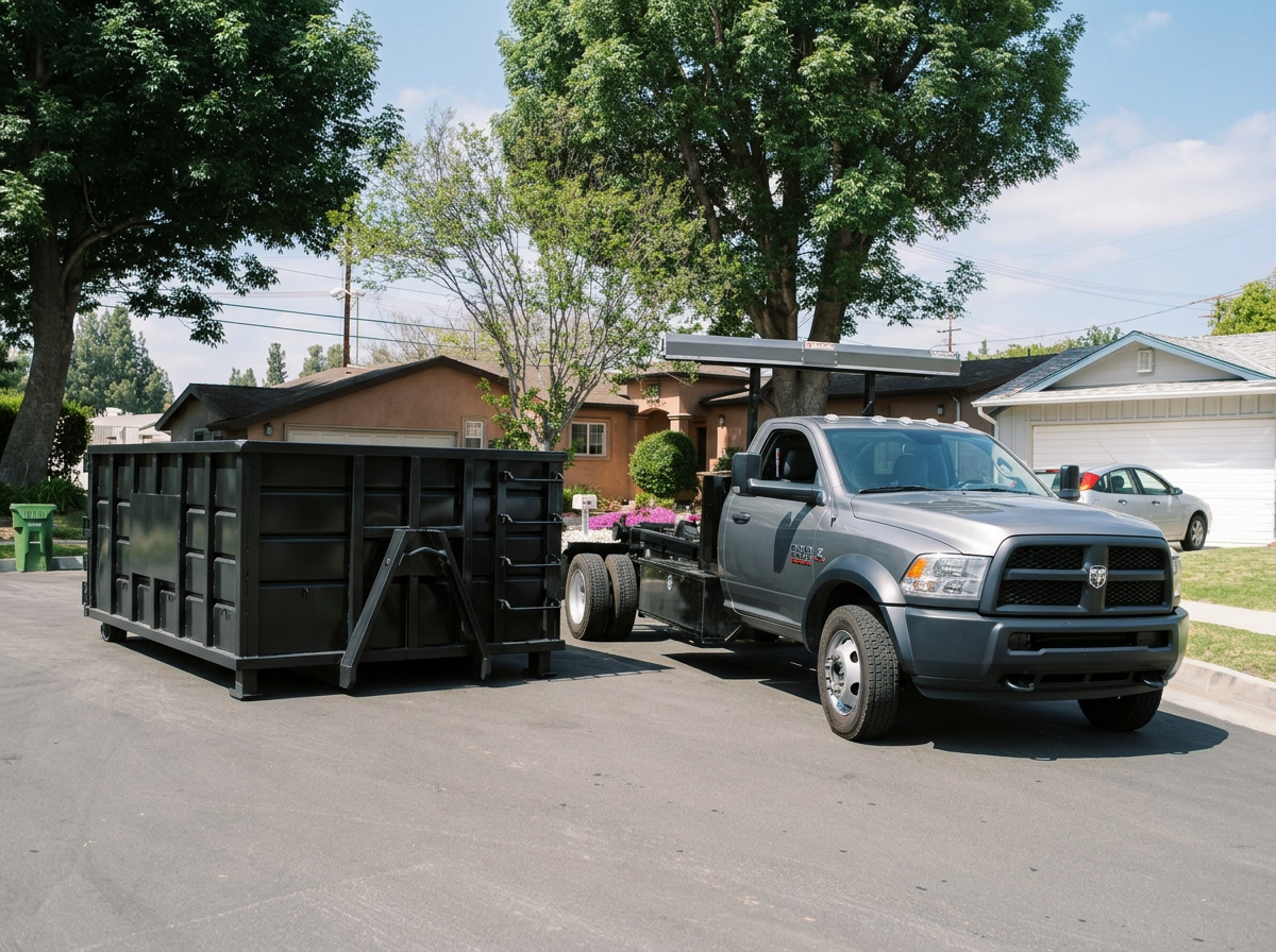 A gray dump truck with a large black container attached is parked on a residential street, with trees and houses in the background.