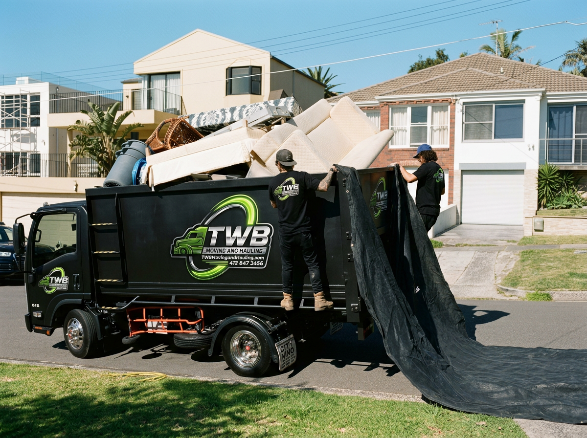 Two movers loading a black truck with furniture, including couches and chairs, on a residential street with houses and palm trees in the background.