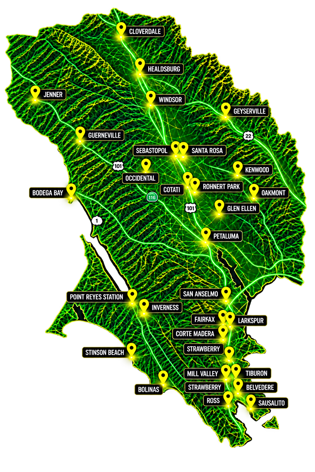 Map of Hawaii showing various locations connected by roadways, including points such as Cloverdale, Healdsburg, Windsor, Geyserville, Jenner, Guernville, Sebastopol, Occidental, Cotati, Rohnert Park, Glen Ellen, Petaluma, Bodega Bay, Point Reyes Station, Inverness, Stinson Beach, Bolinas, San Anselmo, Fairfax, Larkspur, Corte Madera, Strawberry, Mill Valley, Tiburon, Belvedere, Ross, Sausalito, and others.