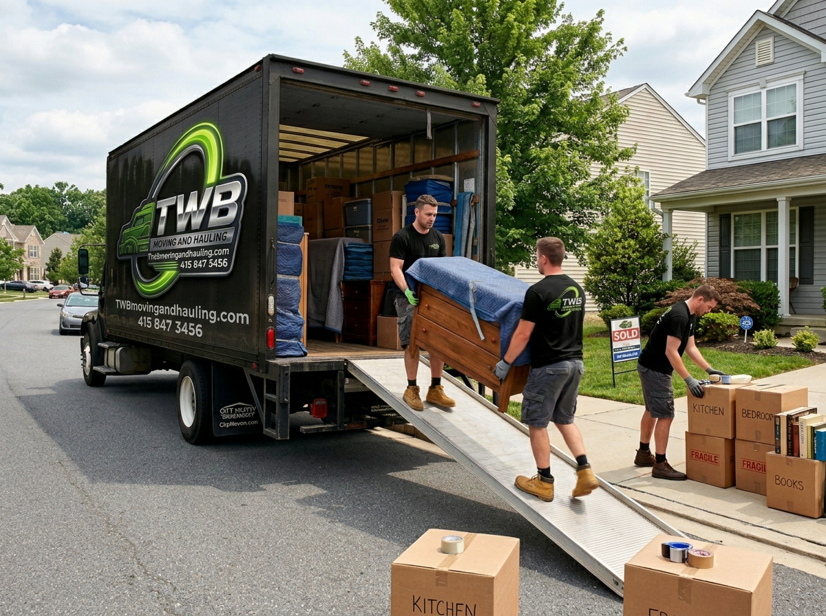 Moving company workers load belongings onto a moving truck parked outside a house on a residential street.
