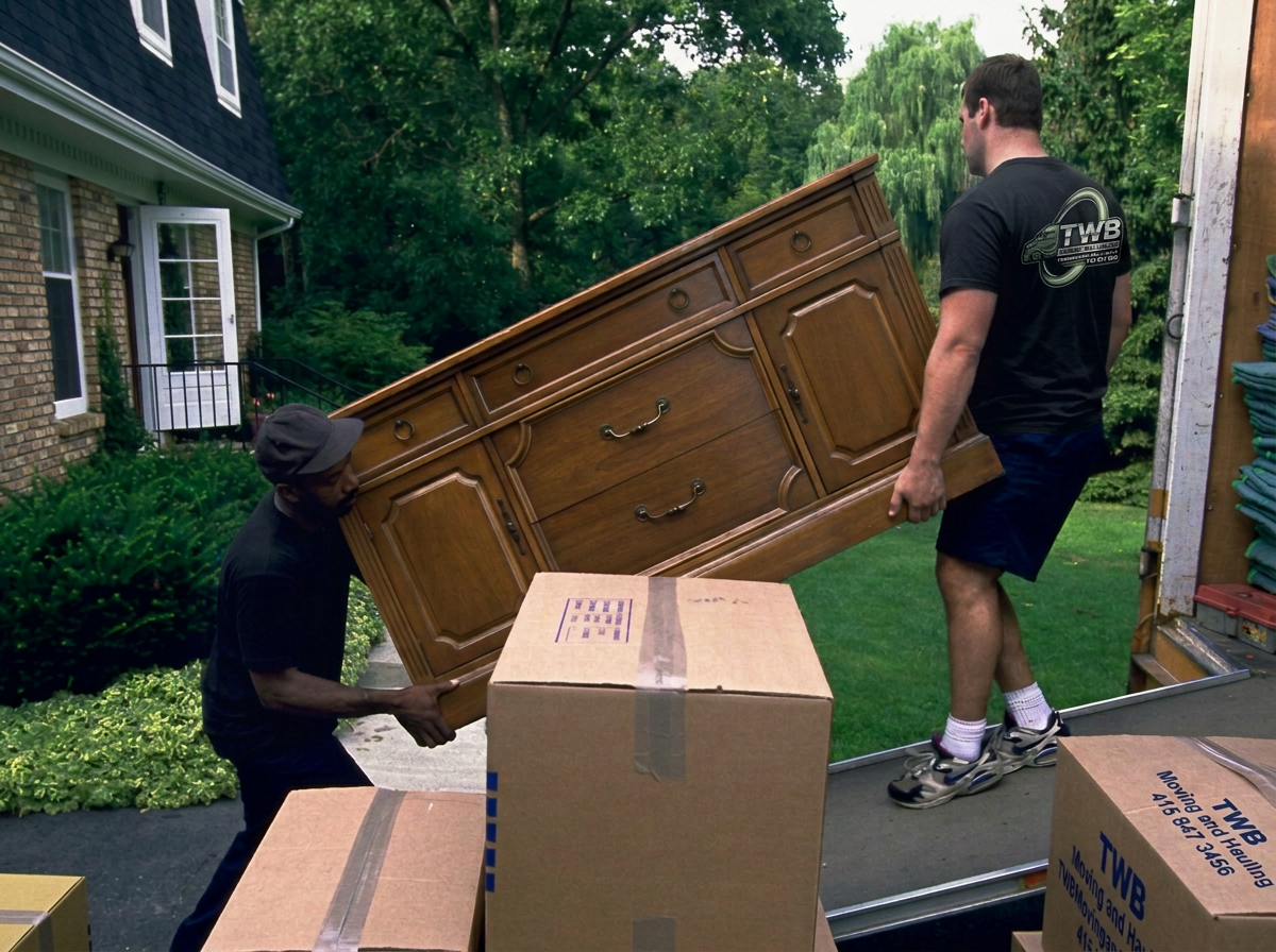 Two men are moving a large wooden dresser into a moving truck. One man is inside the truck, helping to lift, while the other is outside, supporting the piece of furniture. There are cardboard boxes around them, and a house with a front porch is visible in the background.