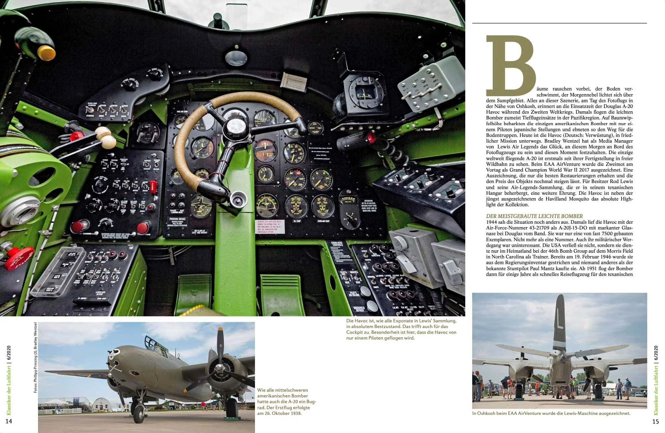 Cockpit of a vintage aircraft with various instruments, controls, and gauges, showcasing intricate panel details. Below is an exterior view of the aircraft on a tarmac, with its vintage design visible. The text in German provides historical context a