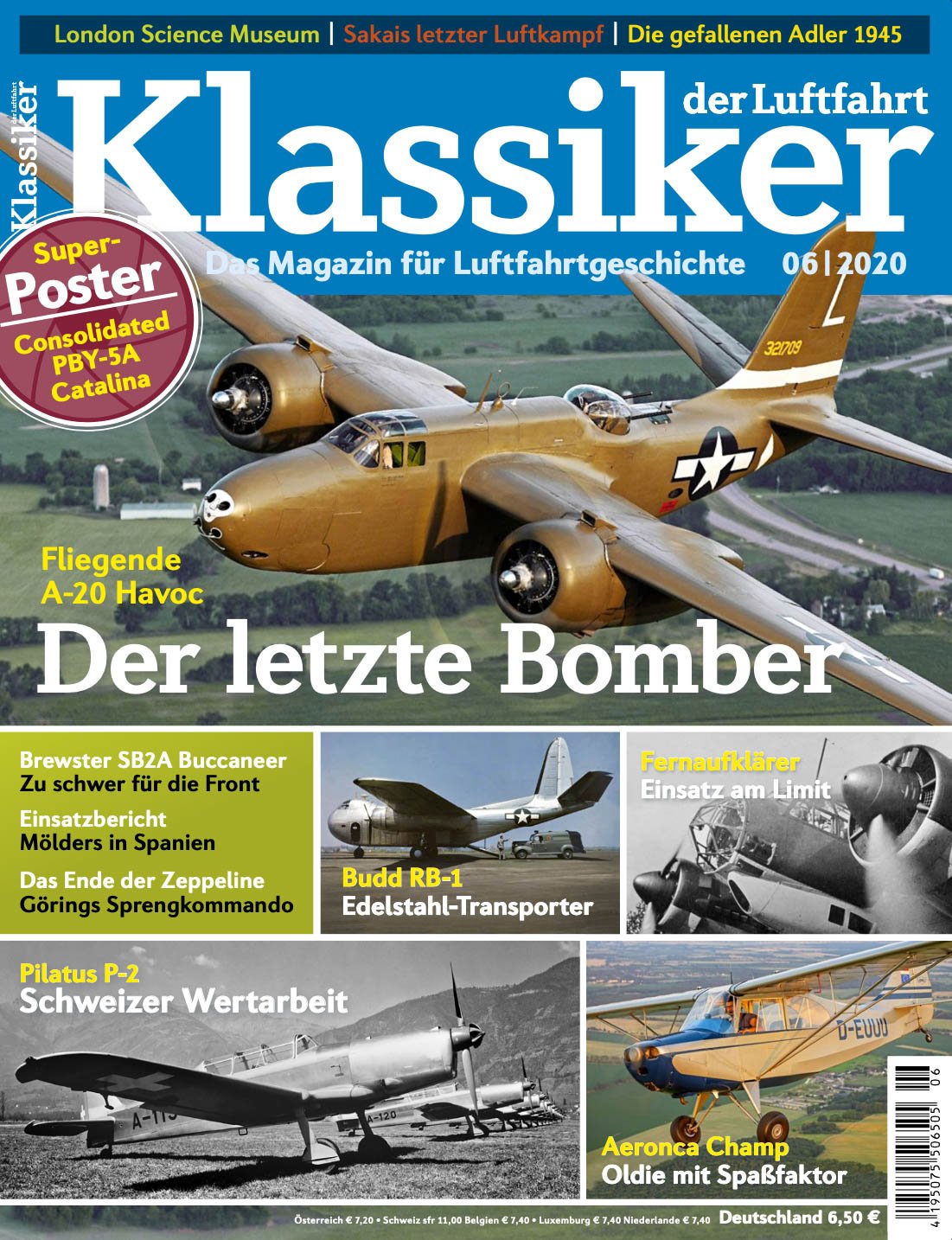 Cover of 'Klassiker der Luftfahrt' magazine featuring vintage aircraft including an A-20 Havoc and other historical planes, with various headlines about aviation history.