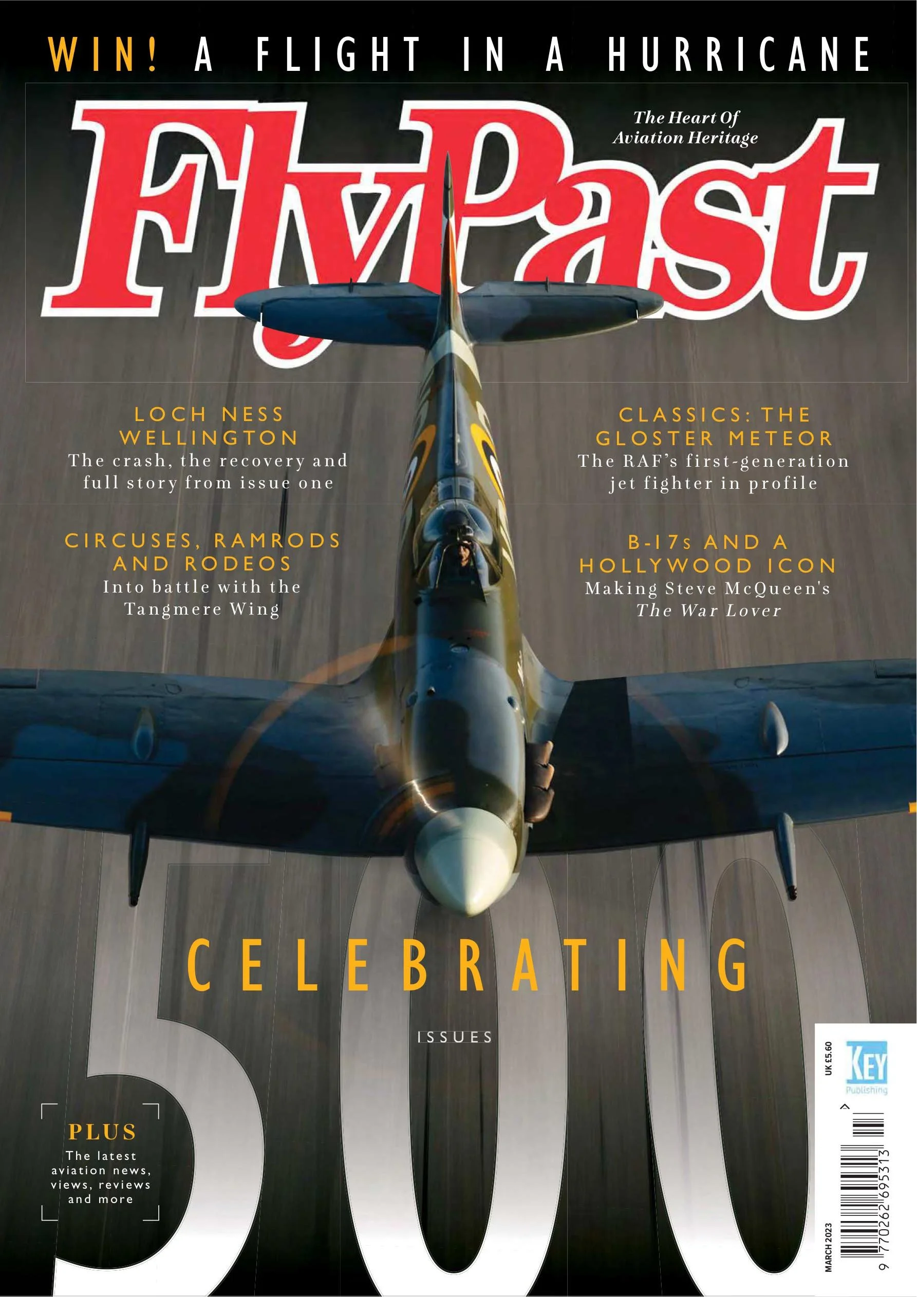 FlyPast magazine cover featuring a WWII aircraft, celebrating 500 issues, with articles on Loch Ness Wellington, Gloster Meteor, Tangmere Wing, B-17s, and more.