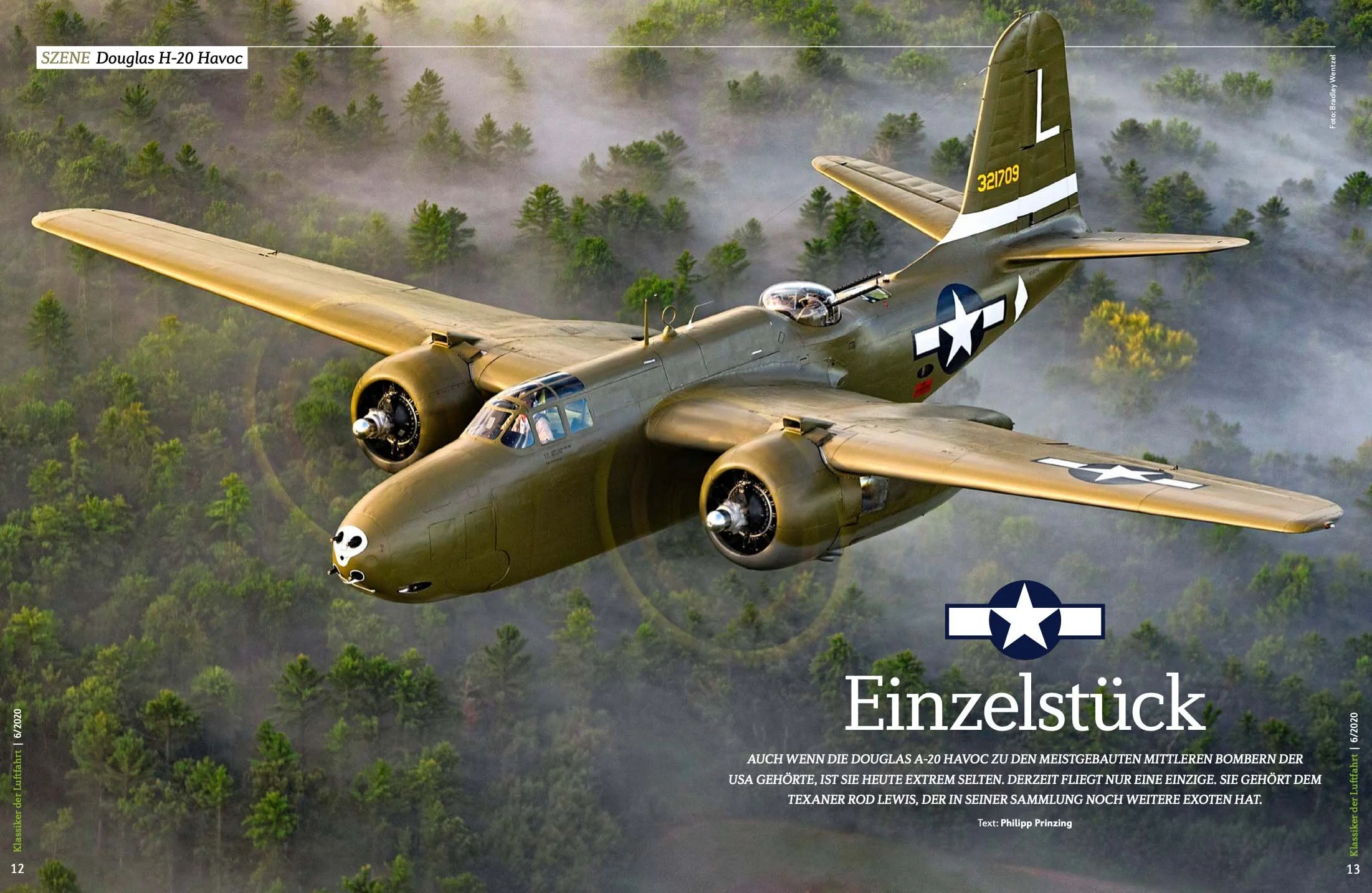 Vintage Douglas A-20 Havoc aircraft in flight over a forest with fog, featuring U.S. military markings.