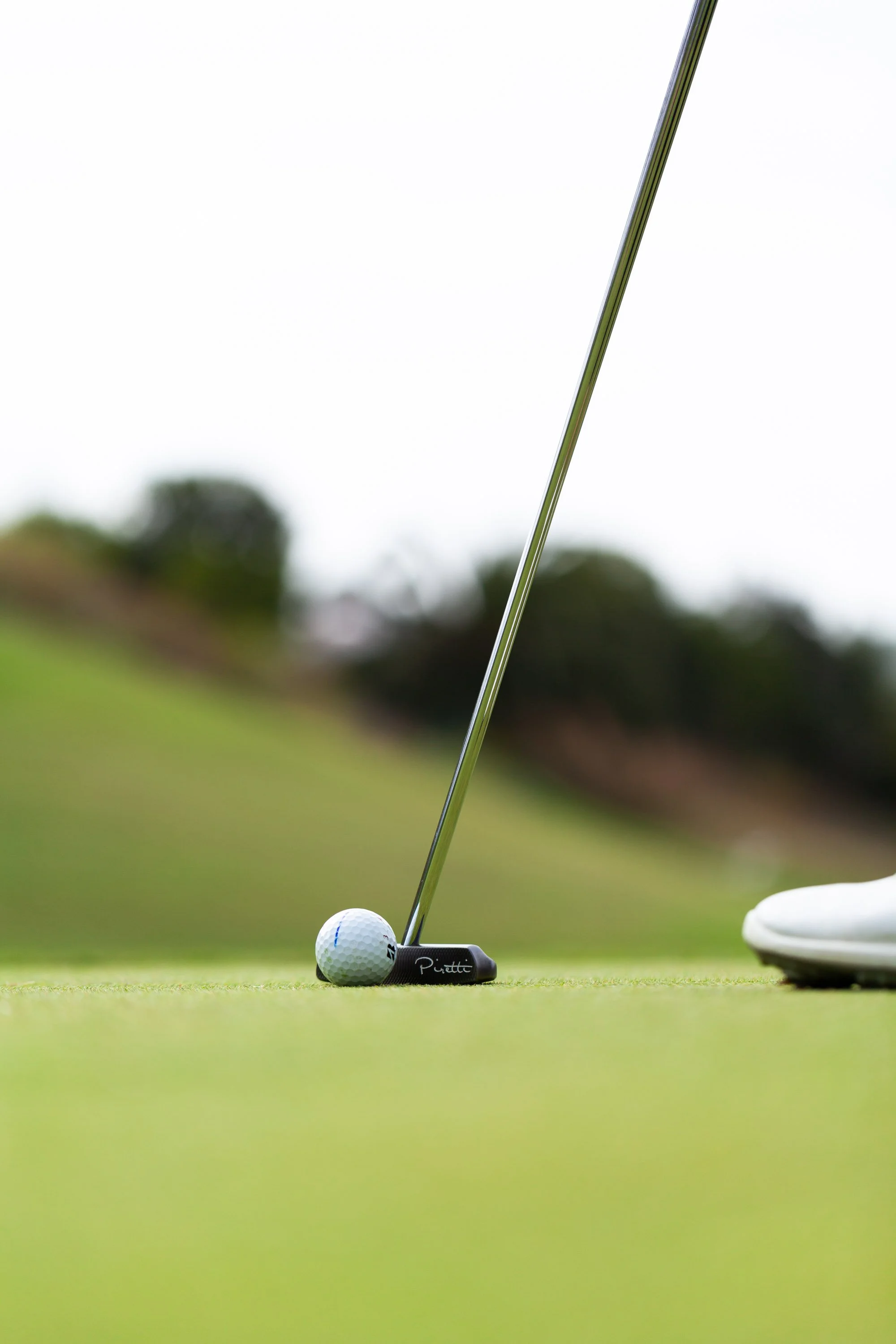 Golf ball and putter on a green close-up.