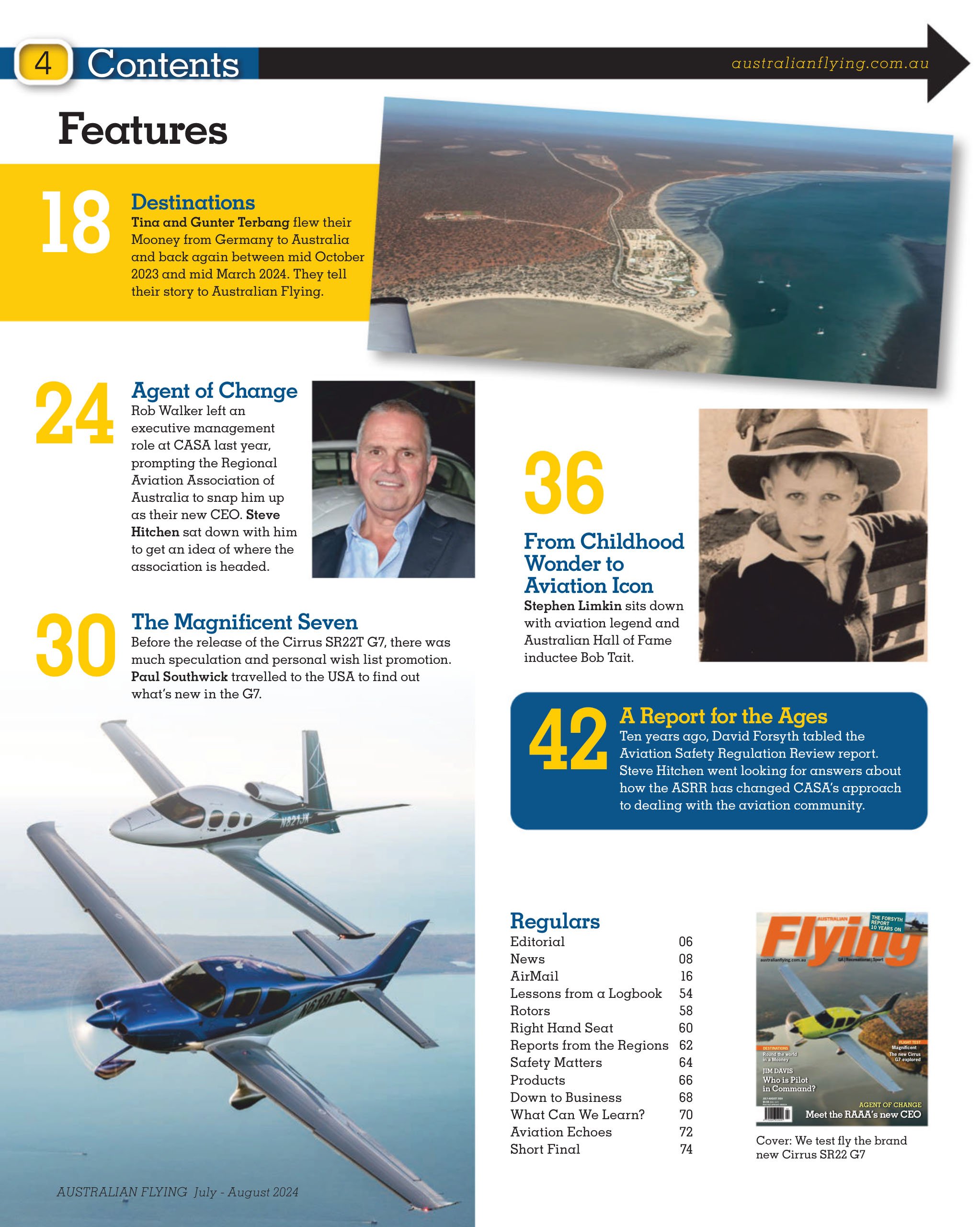 Table of contents page from Australian Flying magazine, July-August 2024, featuring a large aerial photo of a coastline, images of a small aircraft and a child in a vintage photo, and text describing various articles and features.