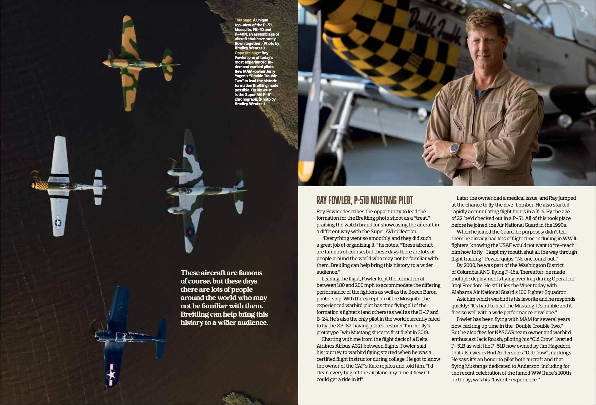 Aerial view of vintage warplanes in flight, with text on Ray Fowler, a P-51D Mustang pilot, alongside a photo of a man standing in front of an aircraft and a description of a unique formation flight organized by Breitling.
