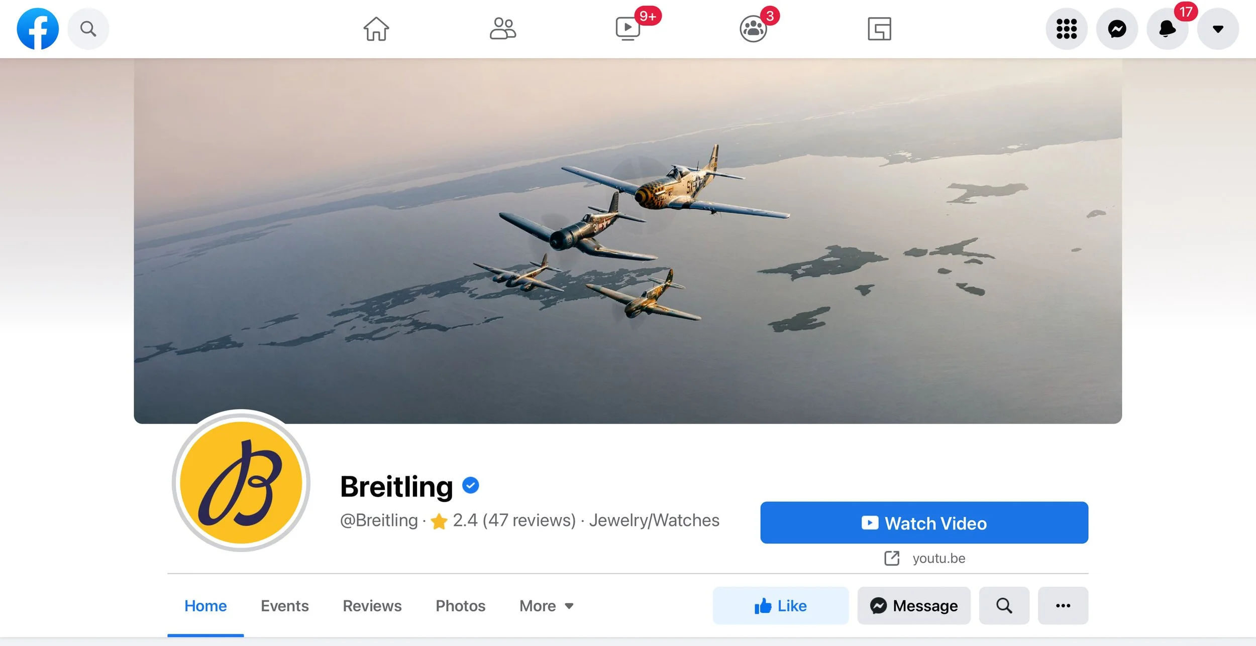 Facebook page for Breitling featuring vintage aircraft flying over water. The profile picture shows a yellow circle with a blue "B." The page has 47 reviews and is categorized under Jewelry/Watches.