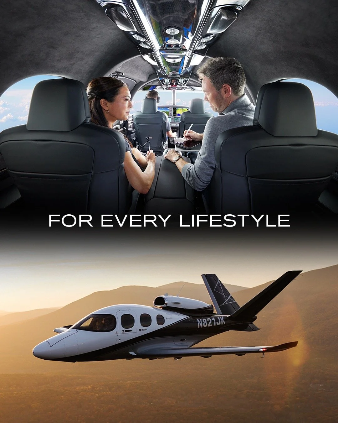 Interior and exterior of a luxury private jet with "For Every Lifestyle" text.