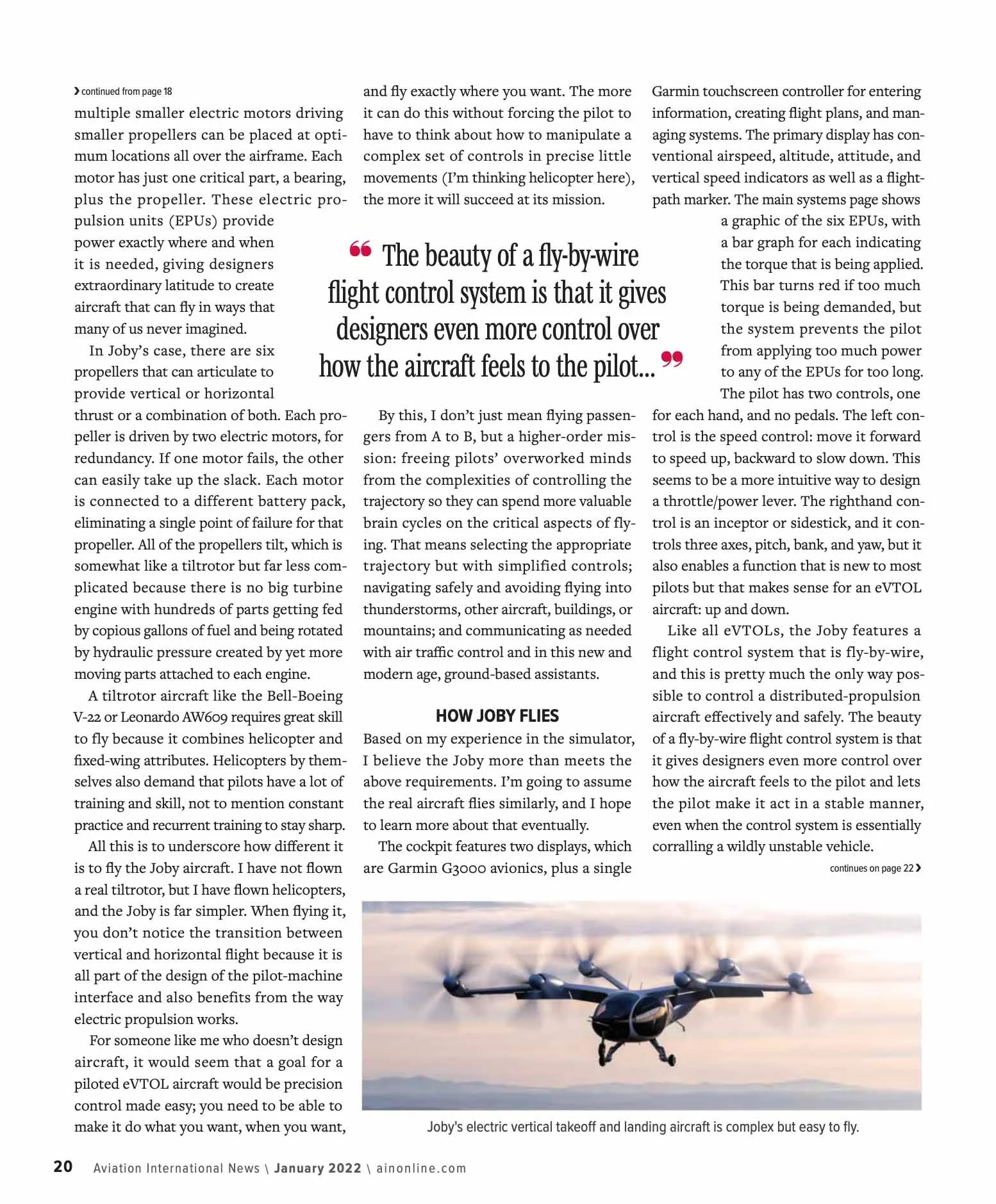 Magazine page discussing electric VTOL aircraft, focusing on Joby's fly-by-wire flight control system. Includes text on propulsion units, pilot controls, and cockpit features, alongside a quote about pilot control and an image of an electric aircraft