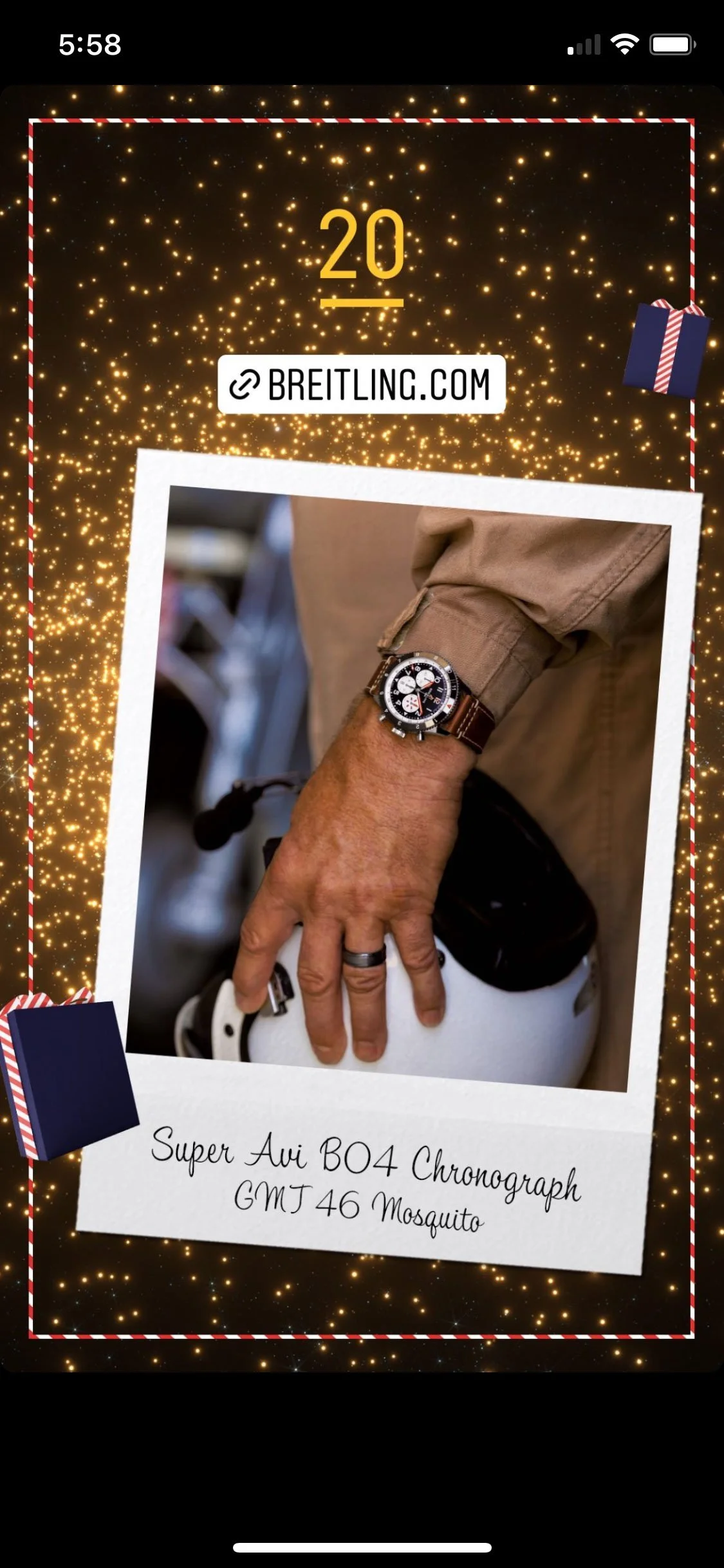 Person wearing Breitling Super Avi BO4 Chronograph GMT 46 Mosquito watch and holding a helmet; promotional background with holiday design.