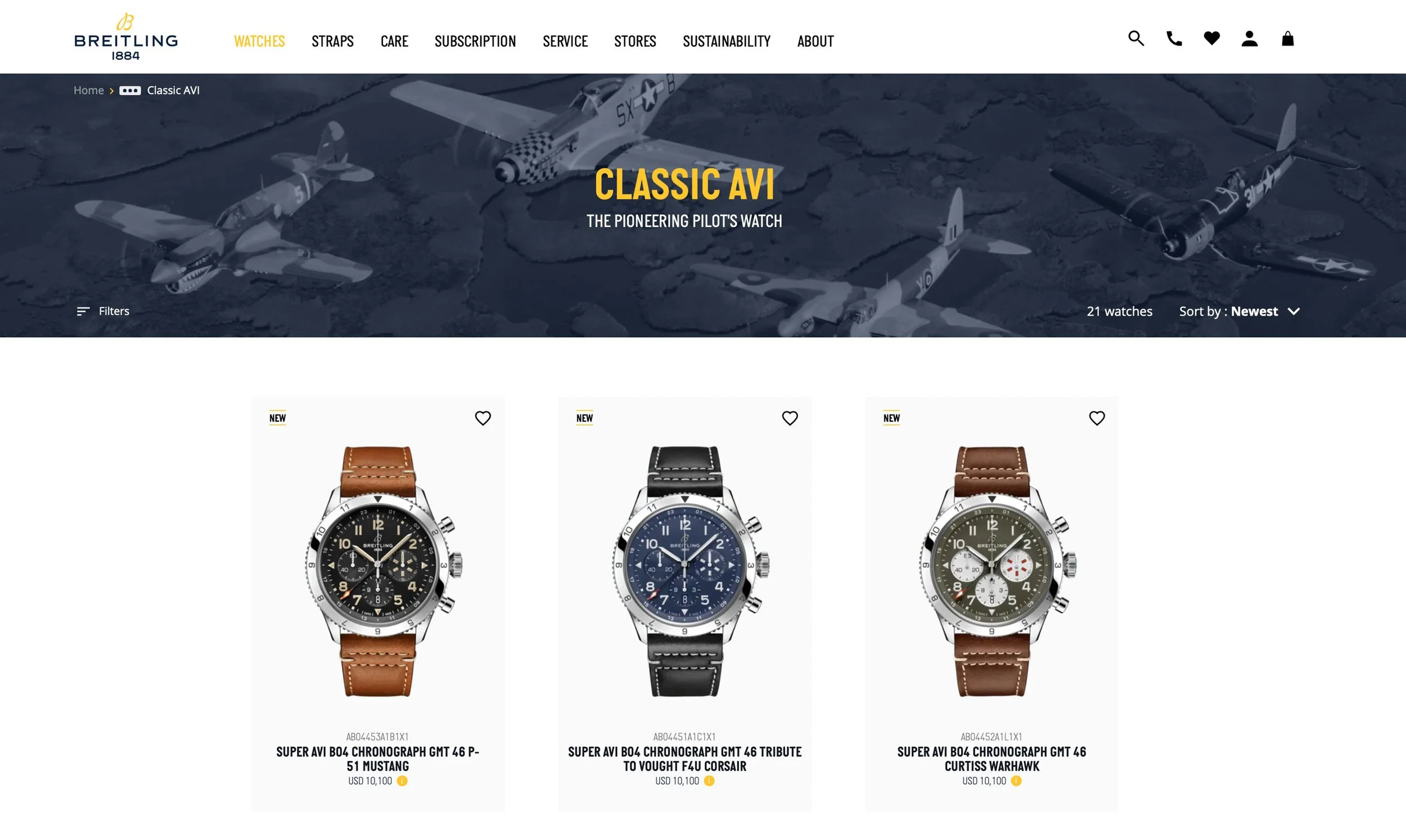Breitling Classic AVI watch collection webpage showcasing three different chronograph models: Super AVI B04 Chronograph GMT 46 P-51 Mustang, Super AVI B04 Chronograph GMT 46 Tribute to Vought F4U Corsair, and Super AVI B04 Chronograph GMT 46 Curtiss 