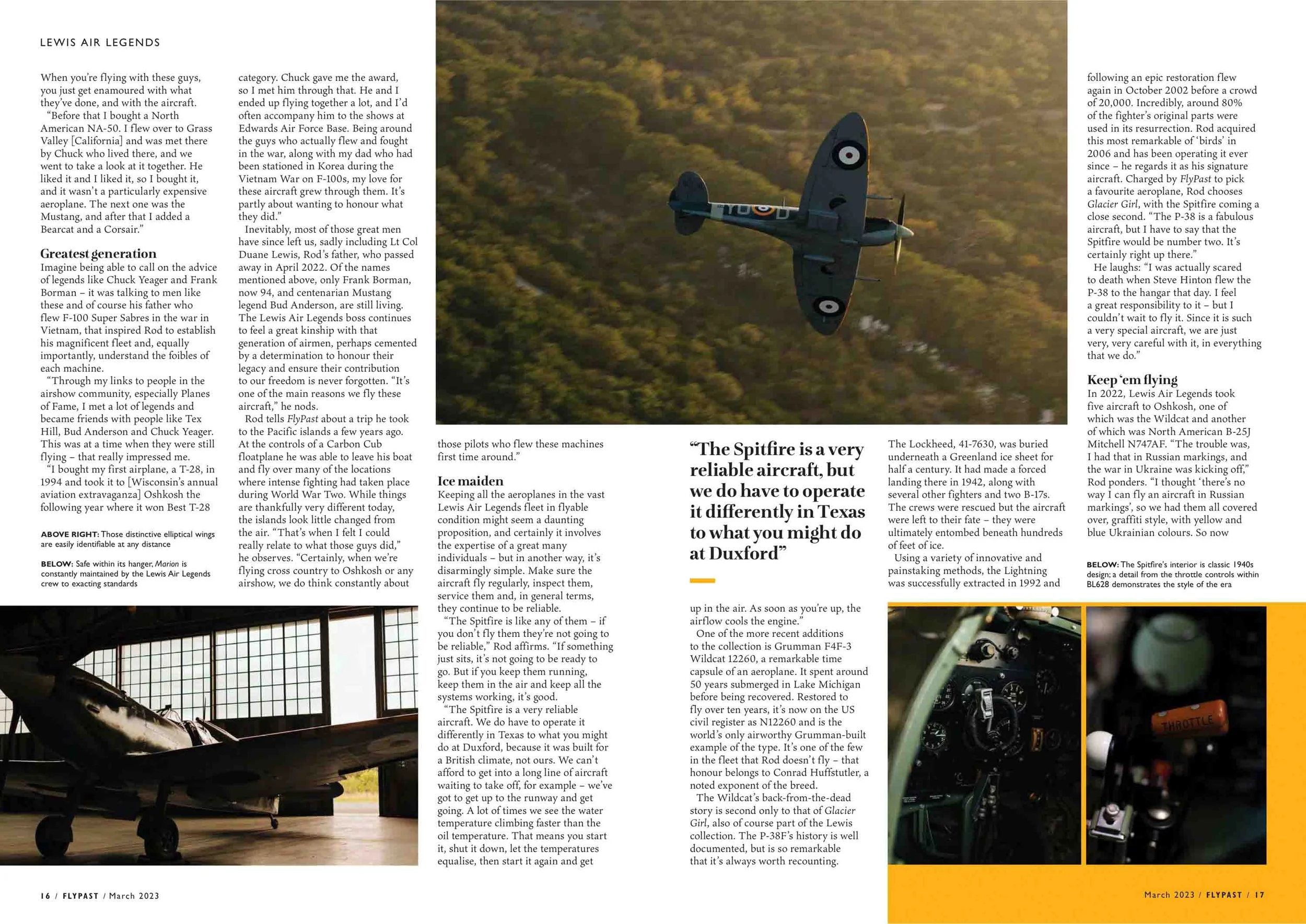 Magazine article titled 'Lewis Air Legends' featuring images of airplanes and aircraft interiors, with text discussing aviation history and aircraft maintenance.