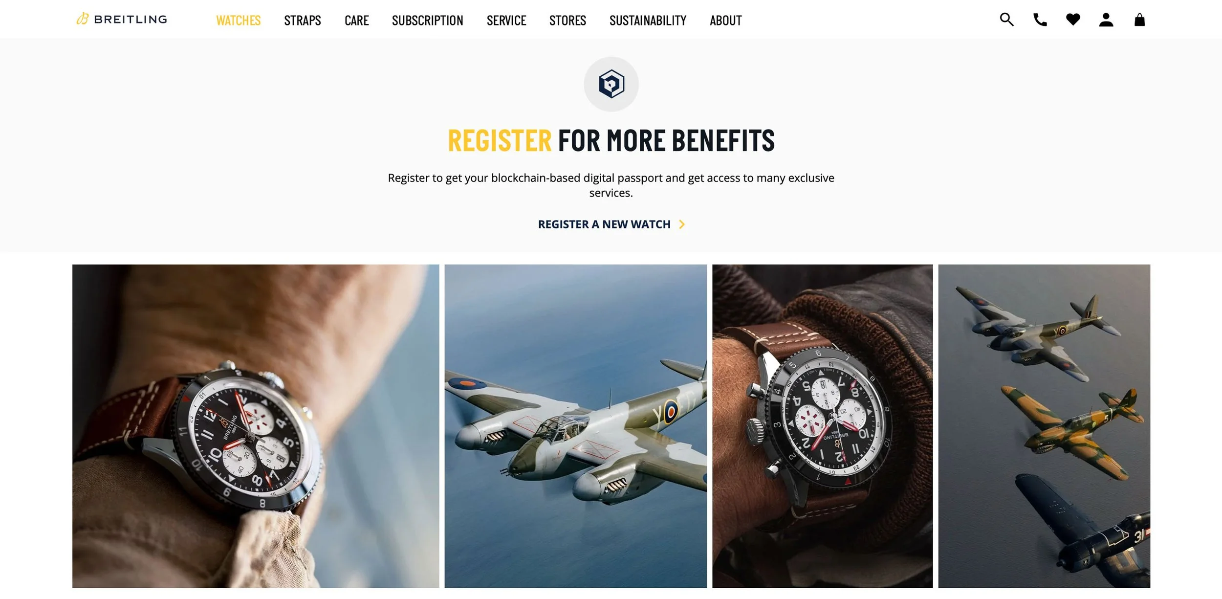 Breitling watches and vintage airplanes display on a website promoting digital passport registration benefits.