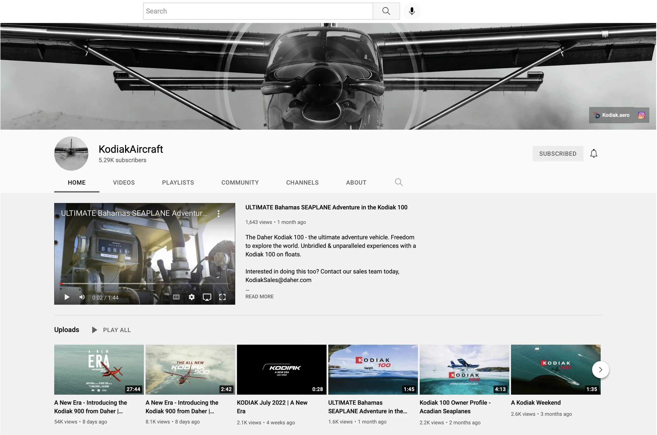 YouTube channel KodiakAircraft homepage displaying seaplane videos and trailer.