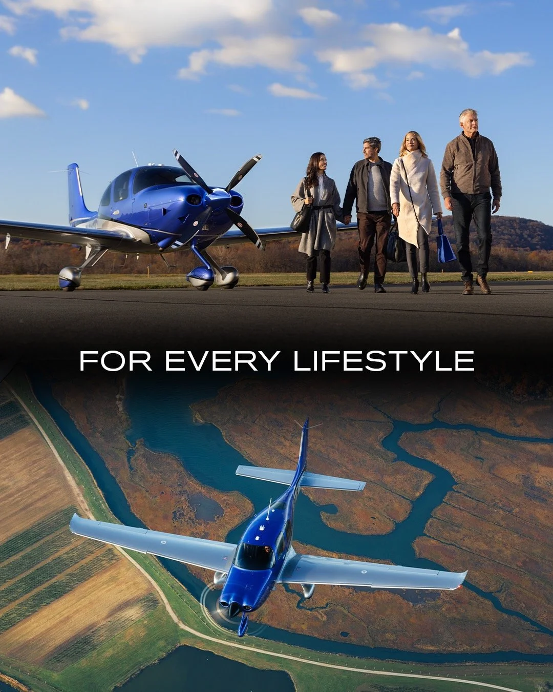 Group of people walking near a blue airplane on a runway, with an aerial view of the airplane flying over a landscape, text reads "For Every Lifestyle."